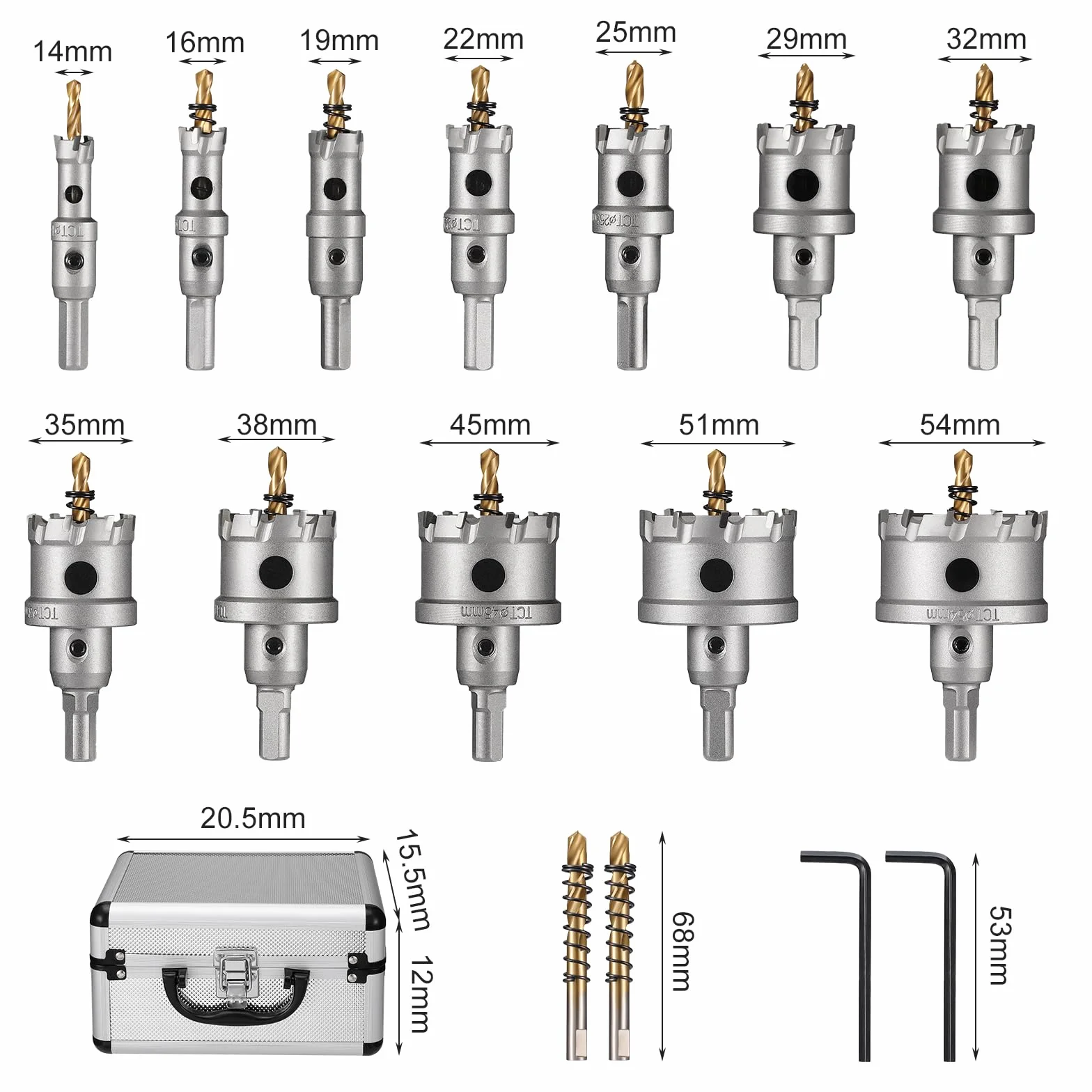 Gueenky 12 Piezas Sierra de Corona para Metal, 14-54mm TCT Broca de Sierra de Agujero con Brocas de Centrar, Sierra Perforadora para Taladro para Acero Inoxidable Madera Aleación de Hierro