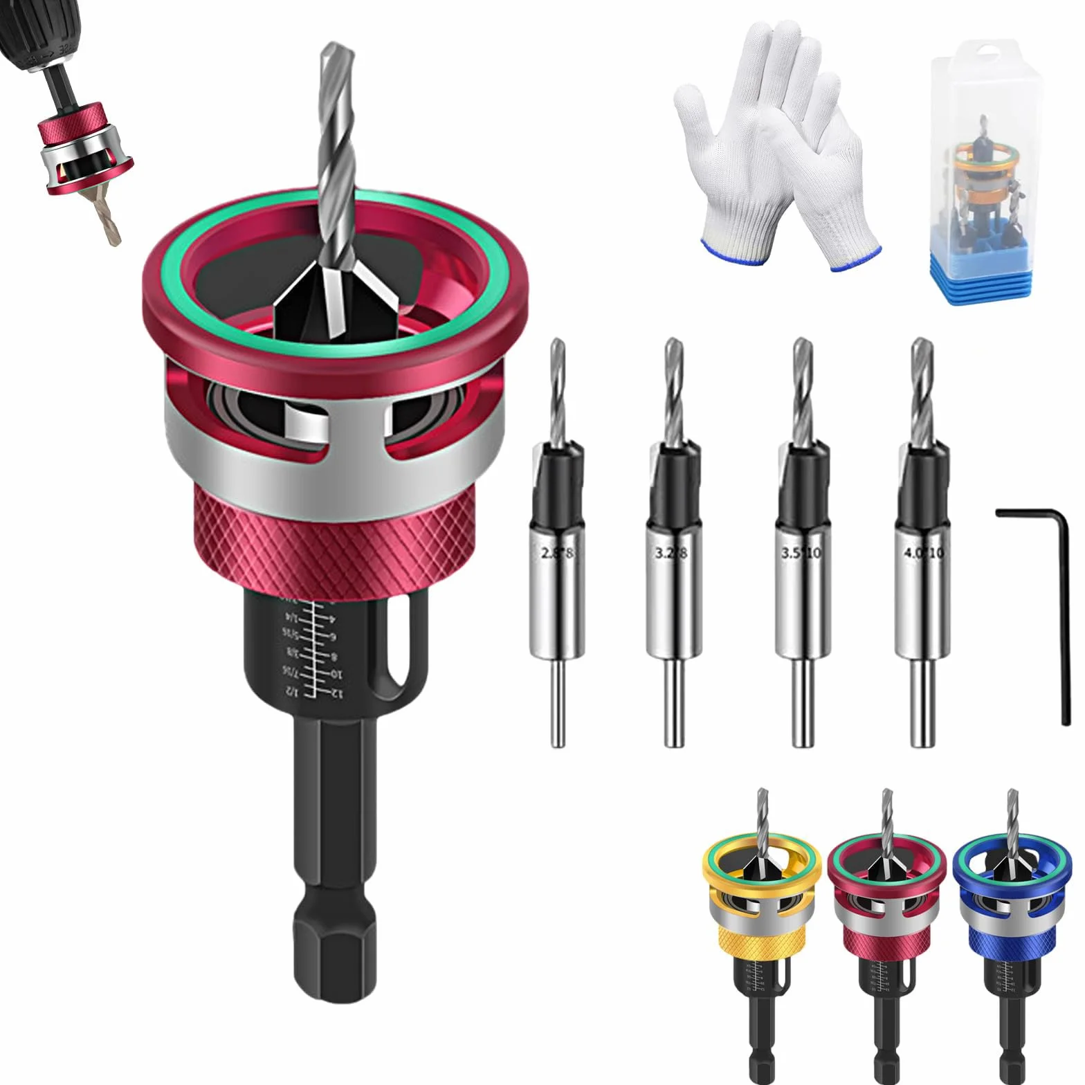 Avellanador de dos filos con tope de profundidad ajustable, juego de 4 brocas cónicas de cuatro filos, juego de brocas avellanadoras para carpintería, ebanistería (Red)