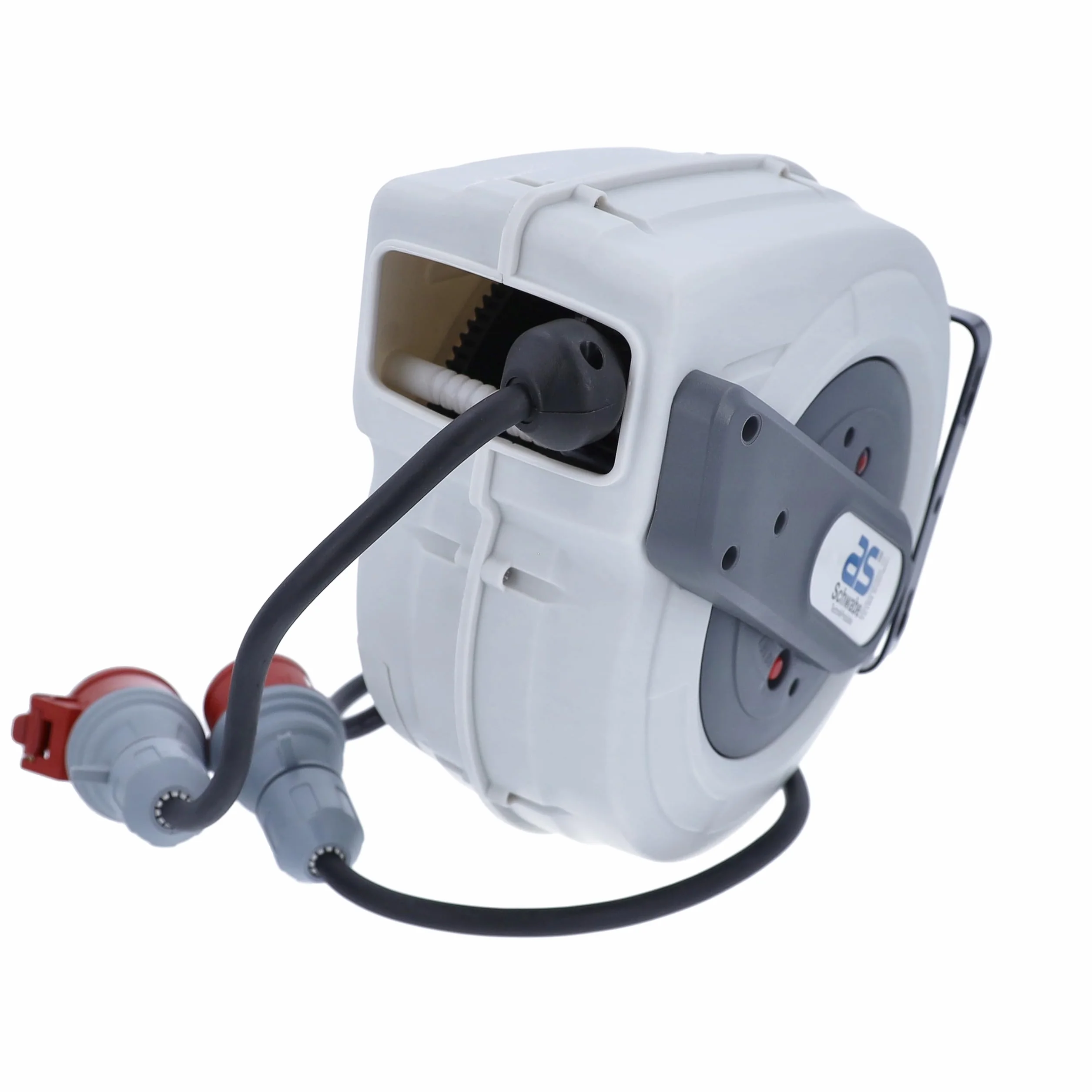 as - Schwabe enrollacables automático CEE 15 m, 180° giratorio, montaje pared o techo, desmontable uso móvil, 400 V, 16 A, 5 polos, IP44 exterior