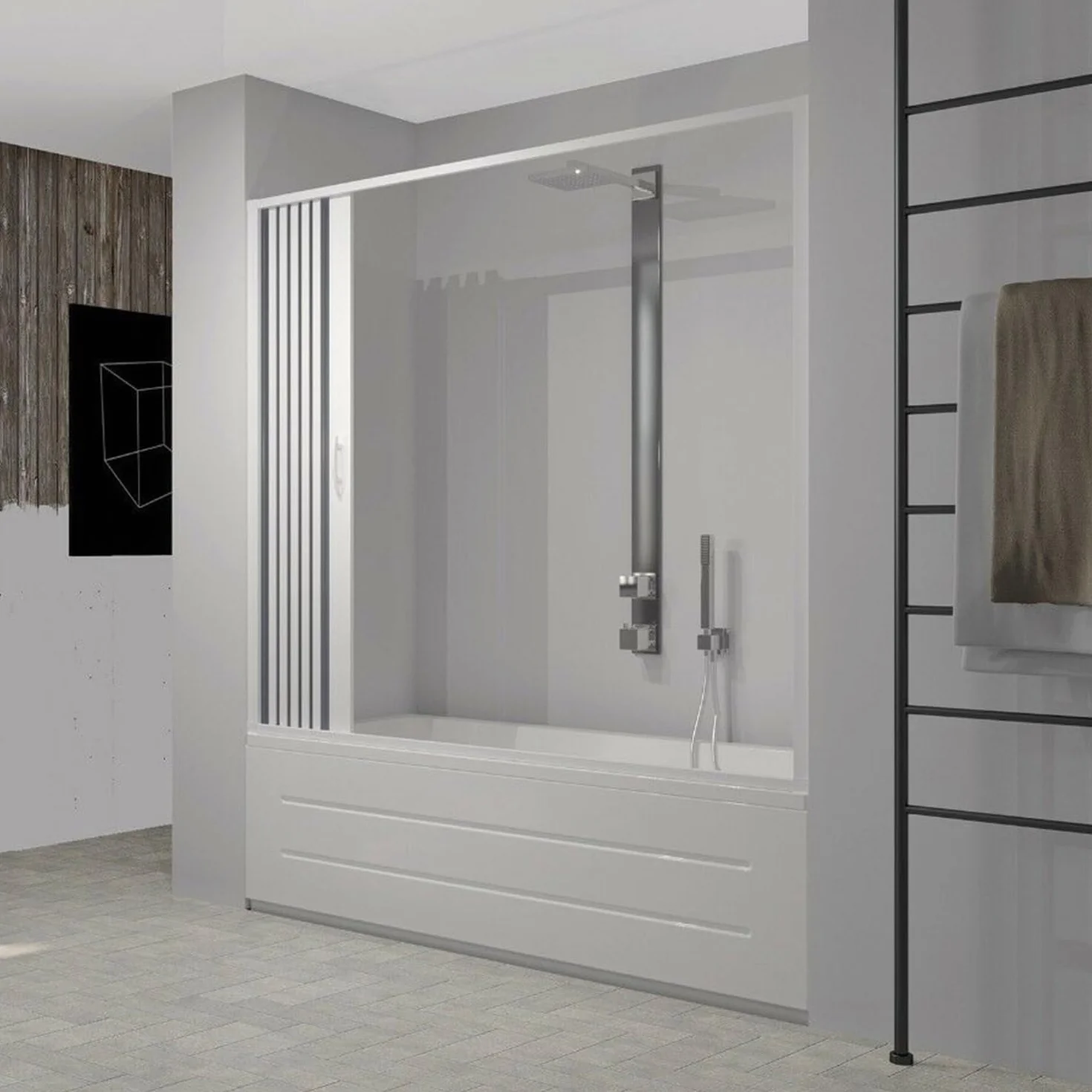 Forte Puerta de Bañera 170 cm en PVC Plegable con Apertura Lateral H 150 cm Color Blanco Mod. Flex