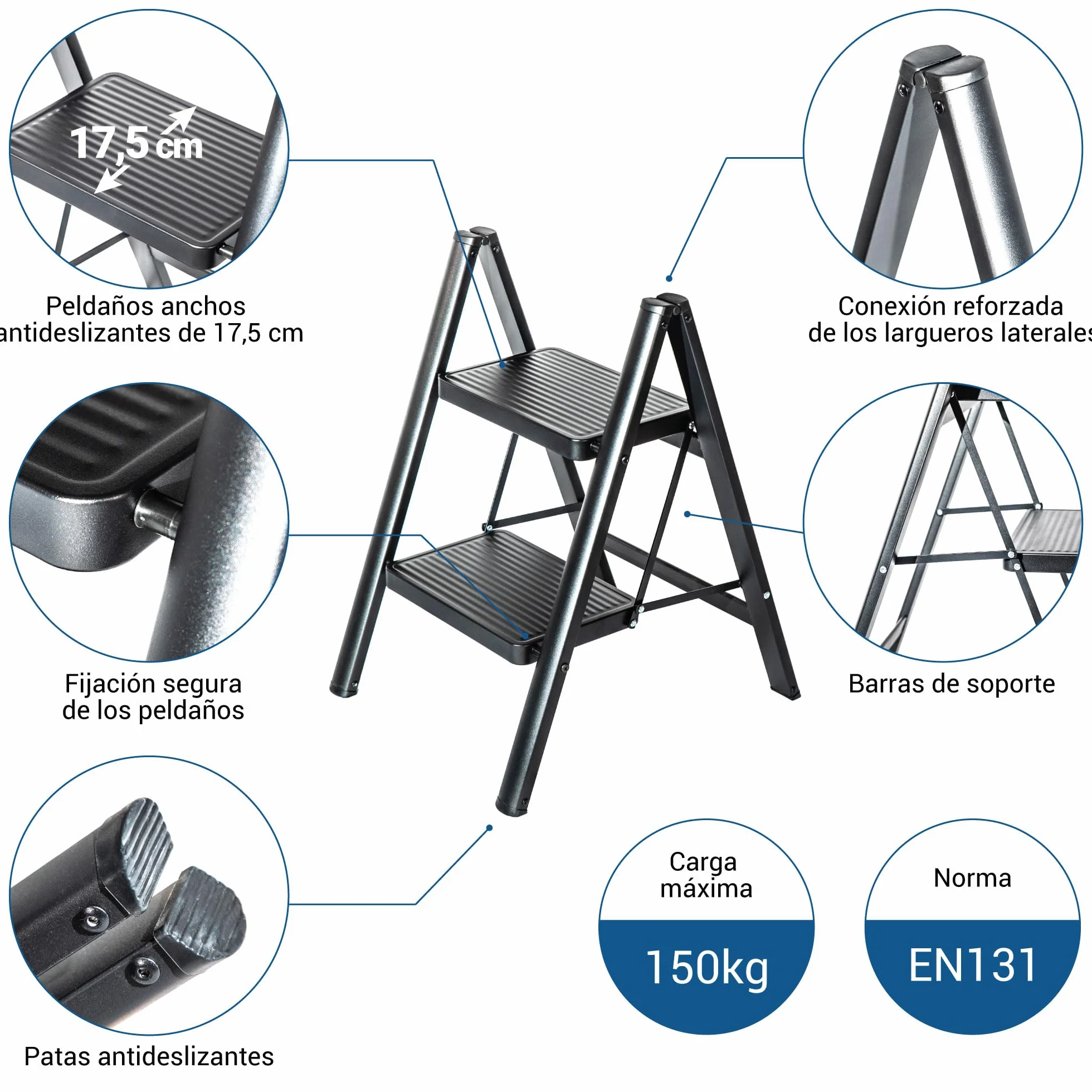 HOSTRÖM Escalera 2 peldaños FOLDPACT2, Taburete Plegable, Diseño ultracompacto, Peldaños Anchos 17,5 cm, Acero, Estante Temporal, Garantía 5 años.
