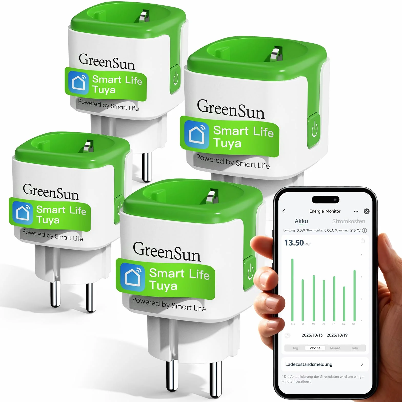 GreenSun Enchufe WiFi con Medidor, Smart Life y Alexa, 4 Uds | Control por app o voz, mide el consumo y permite crear horarios y temporizadores. Compatible con Alexa y Smart Life