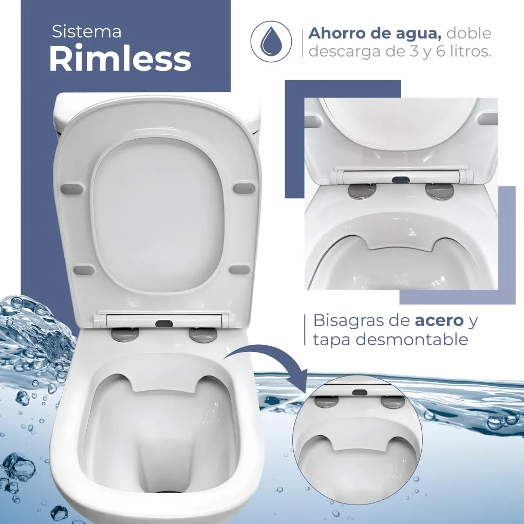 Inodoro Blanco, Wc Inodoro COMPLETO, Retrete para Hogar, Sistema RIMLESS ANTIBACTERIA, Tapa Dura Extrafina AMORTIGUADA, Salida Dual