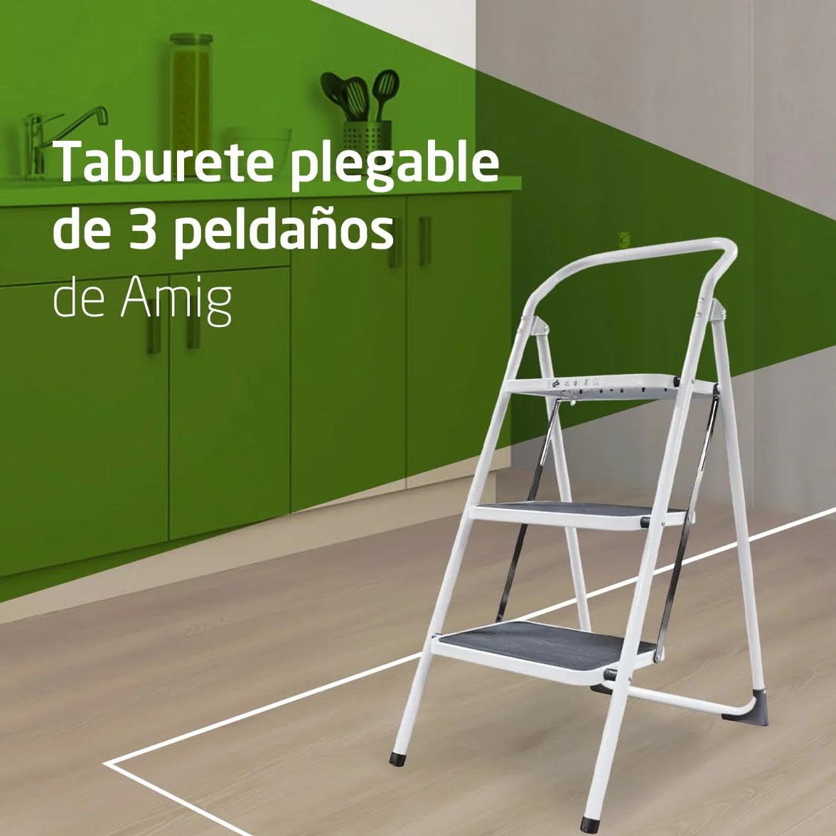 Amig - Escalera Plegable - Taburete de Acero con 3 Peldaños Antideslizantes – Medidas: 72 x 65 x 101 cm - 150 kg - Acabado Blanco con Protectores Negros – para Uso Profesional y Doméstico