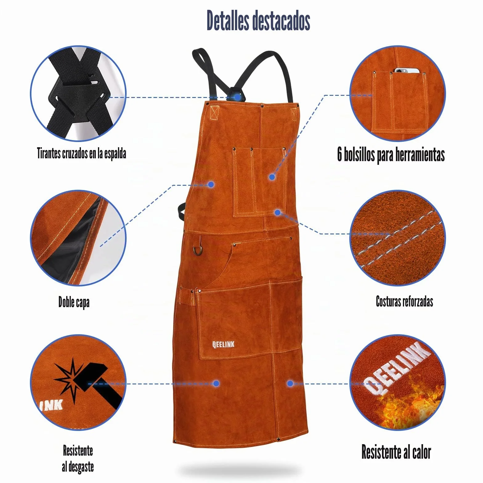 QeeLink delantal de soldador de cuero, delantal de cuero con 6 bolsillos para herramientas, mandil de carpintero resistente para hombres y mujeres, resistente al calor