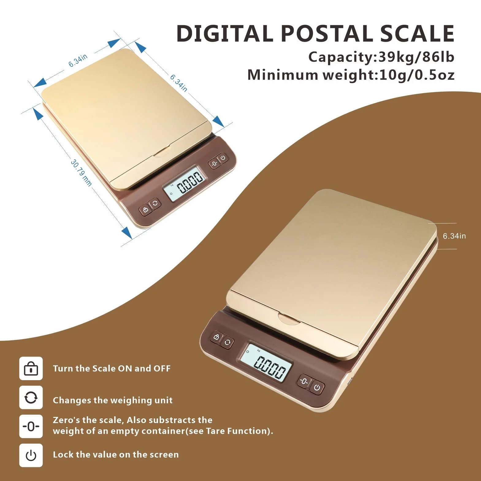 UNIWEIGH Balanza Postal Digital 39kg/86lb, Báscula de Precisión para Paquetes, Oficina, Almacén, Incluye Cable USB, Cinta Métrica, Dorado