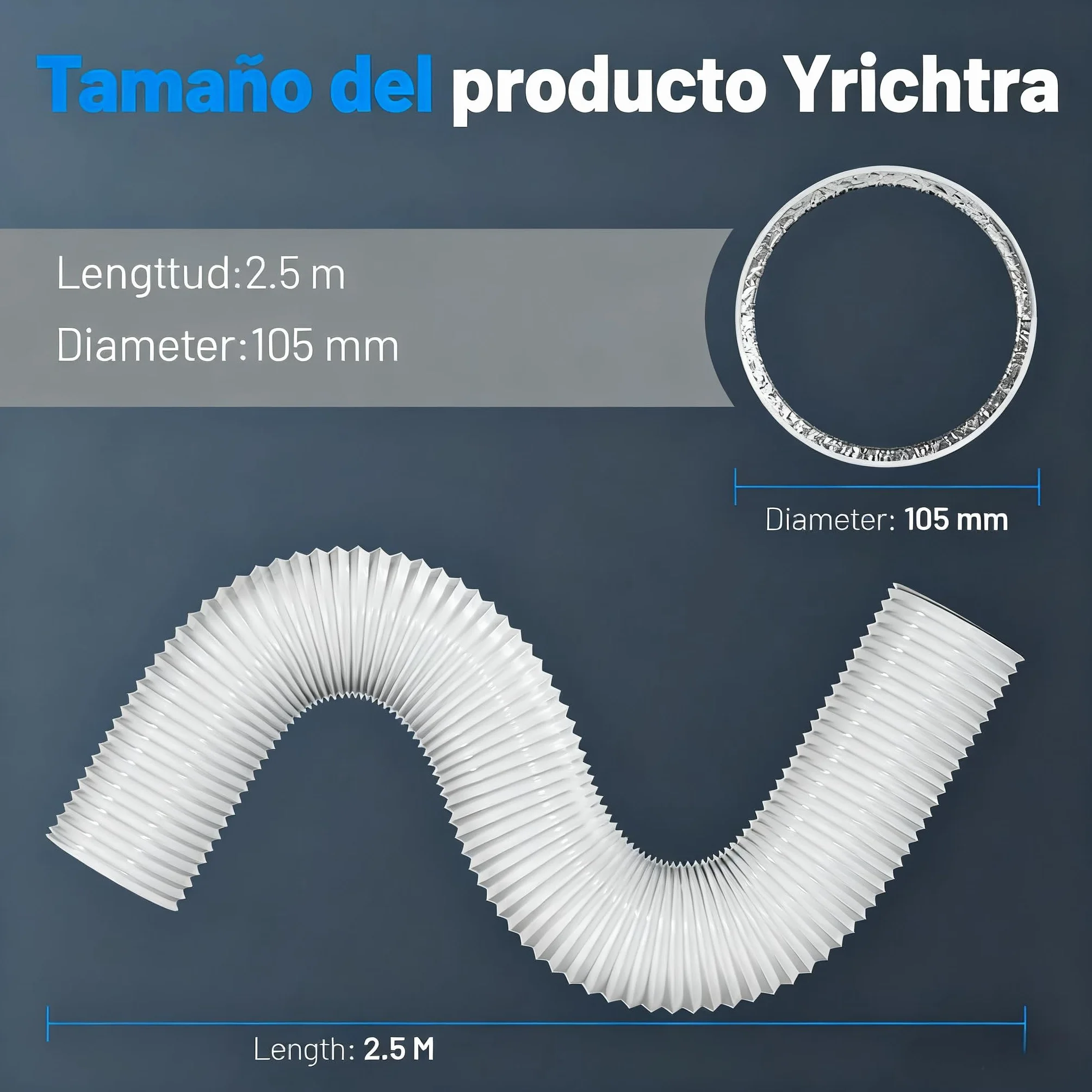 Tubo Ventilación 100mm 2,5m Blanco, Tubo Flexible 5 Capas Aislado, Silencioso, con Abrazaderas, para Aire Acondicionado Portátil, Secadora y Ventilación