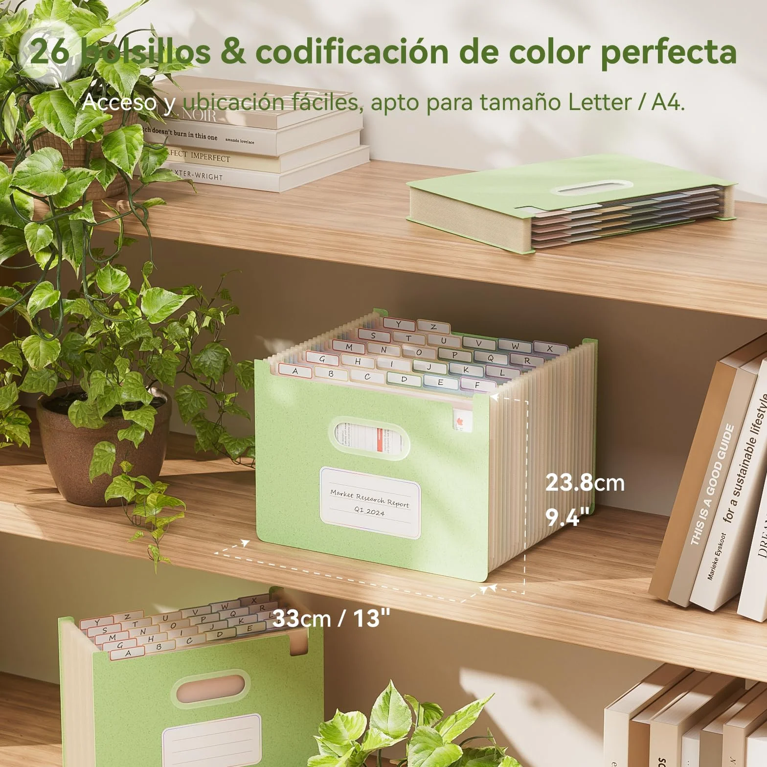 EcoStash Carpeta Clasificadora Acordeón 26 Bolsillos Archivador A4 Paja de Trigo Clasificador Documentos Expandibles Vertical Libre de BPA Verde Menta