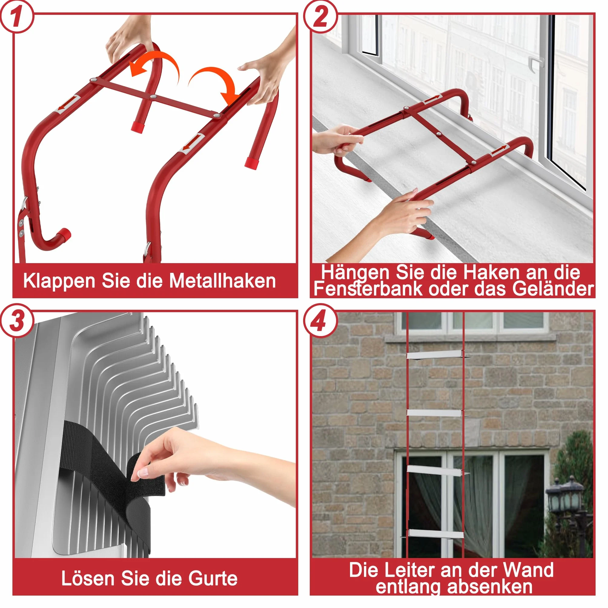 UISEBRT Escalera de emergencia ignífuga, escalera de seguridad, escalera de cuerda retráctil, adecuada para edificios de 4 pisos, balcón, ventana, capacidad de carga de hasta 450 kg (15 m/45 peldaños)