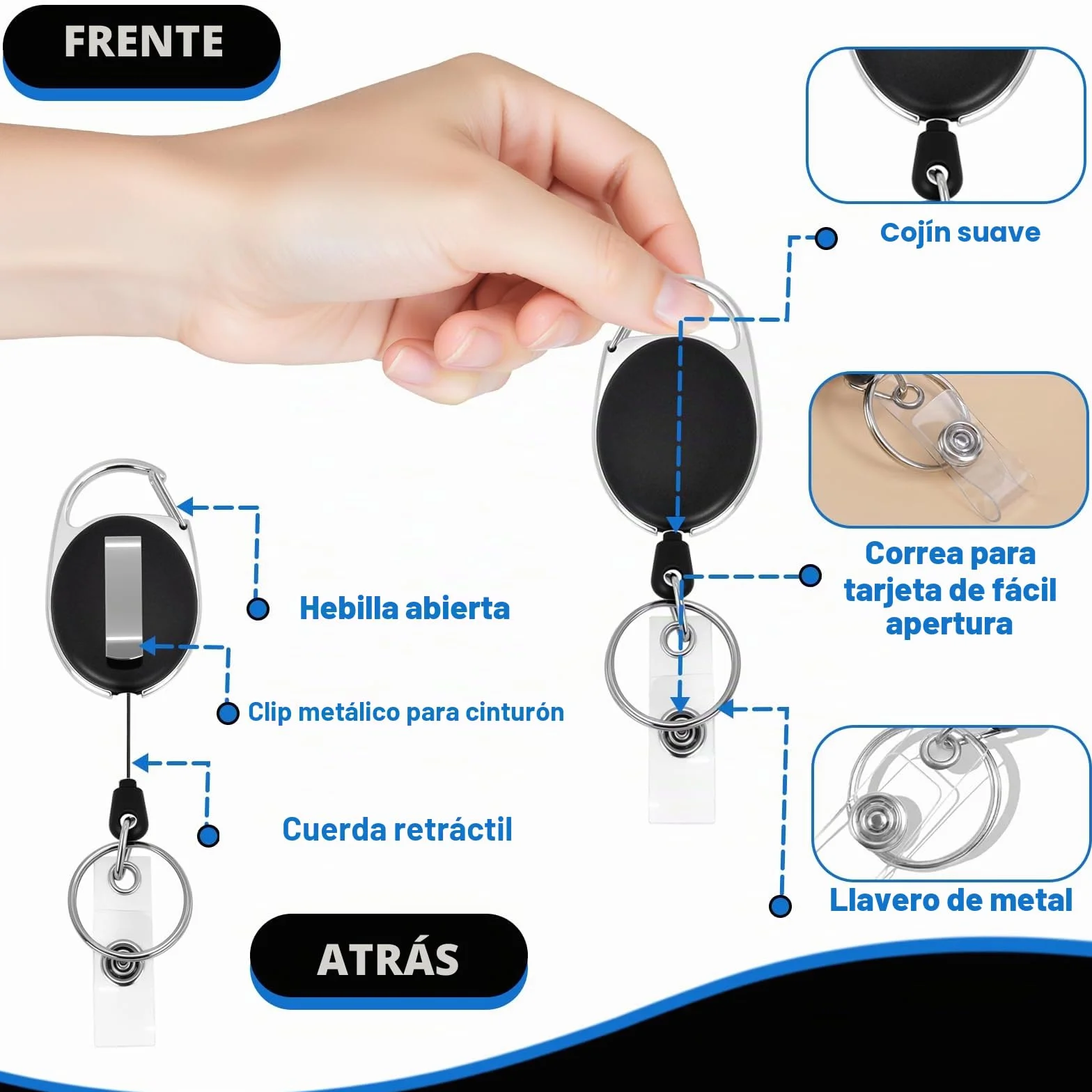 Llavero Retractil 10 Piezas con Clip para Cinturón Cordón Extensible 63 cm