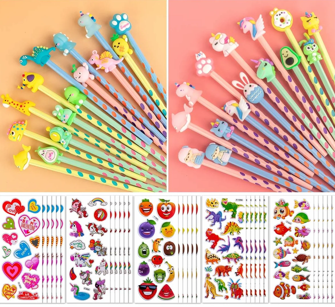 Set 60 Lapices y Pegatinas 3D Infantiles Regalos Cumpleaños Niños Colegio