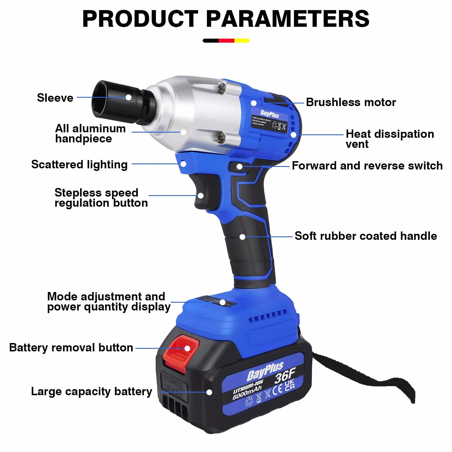 DayPlus Atornillador de impacto con batería de 18 V con 1 batería de 6,0 Ah, 420 Nm, atornillador de impacto giratorio para cambiar neumáticos, 3200 rpm, luz LED, 4 enchufes hembra de 14/17/19/22 mm,