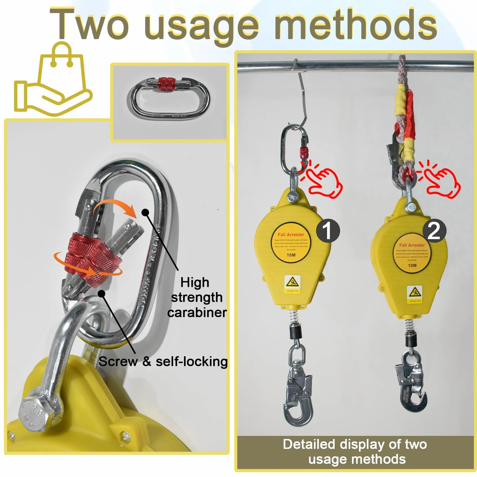 Dispositivo Anticaidas Retráctil Seguridad, Linea de Vida Retractil Homologado 10m/15m/20m, 150 kg Arnés de Seguridad Anticaídas Retráctil Trabajo en Tejados/ Altura(Amarillo,20 Metros)