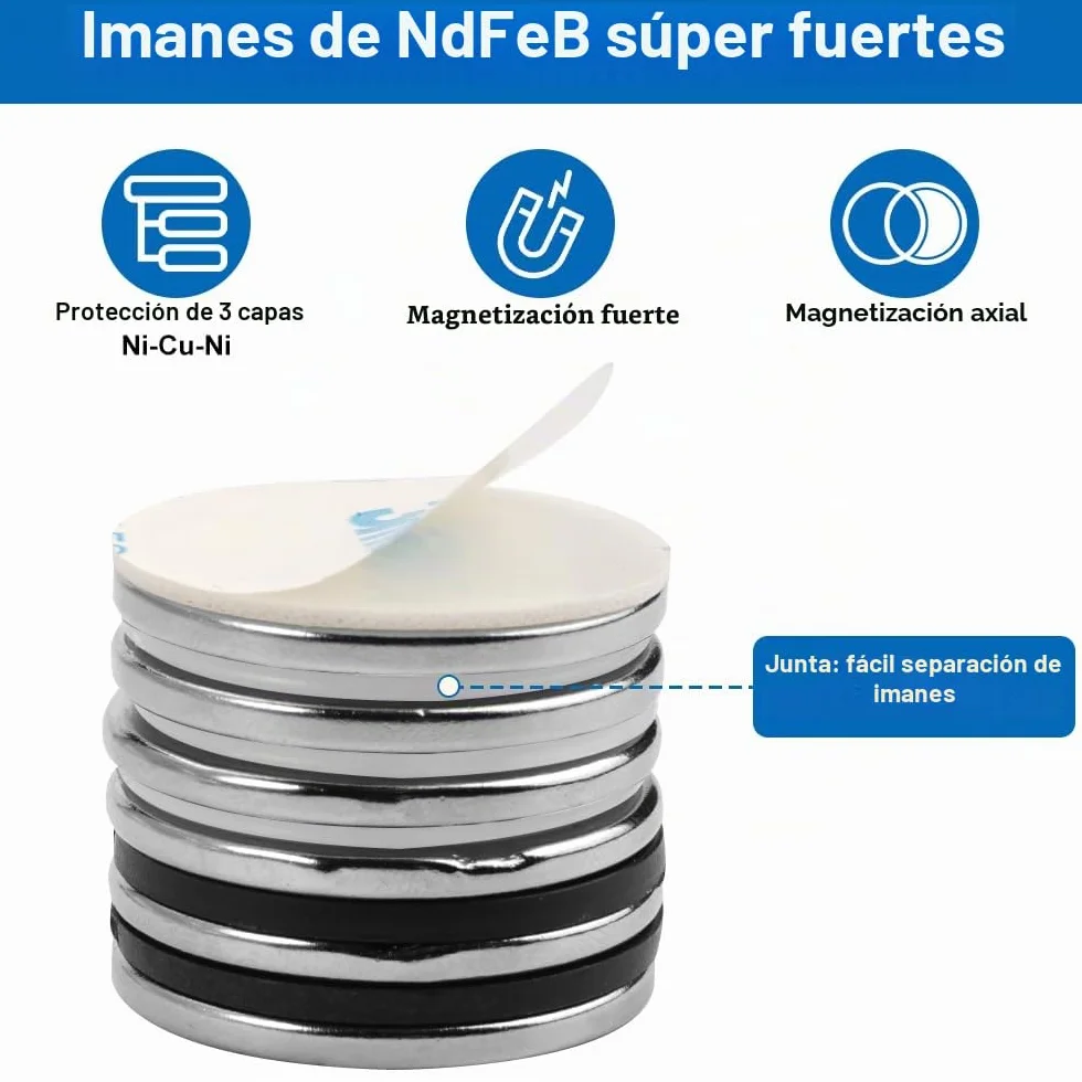 Imanes De Neodimio Fuertes 30x3mm, 6 Piezas, Portante 8 Kg, con Autoadhesivos
