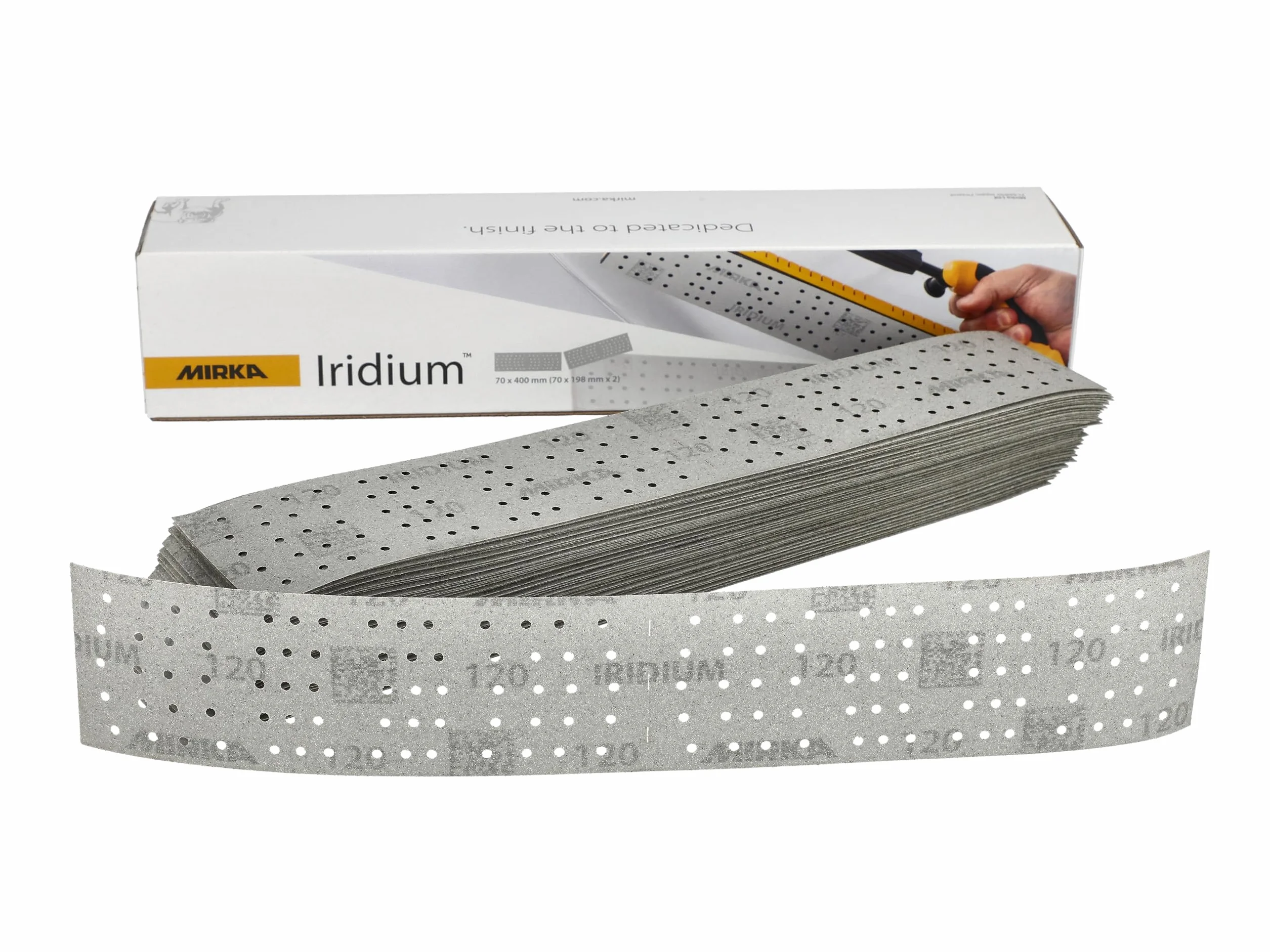 Mirka Papel de lija Iridium 70x400 mm 140 agujeros grano 120 | Perforado en el centro para mejor extracción de polvo cierre adhesivo para fácil fijación ideal para madera y acero