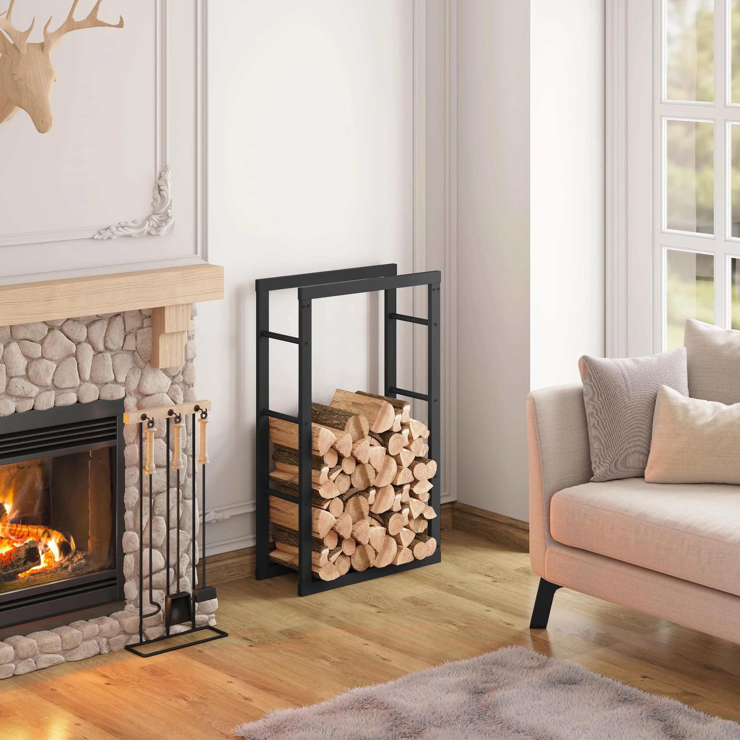 Laneetal Soporte para Leña, 60x25x100 cm, Estante para Leña de Chimenea, Leñero Interior y Exterior de Metal, Estanteria de Almacenamiento de Madera, Negro
