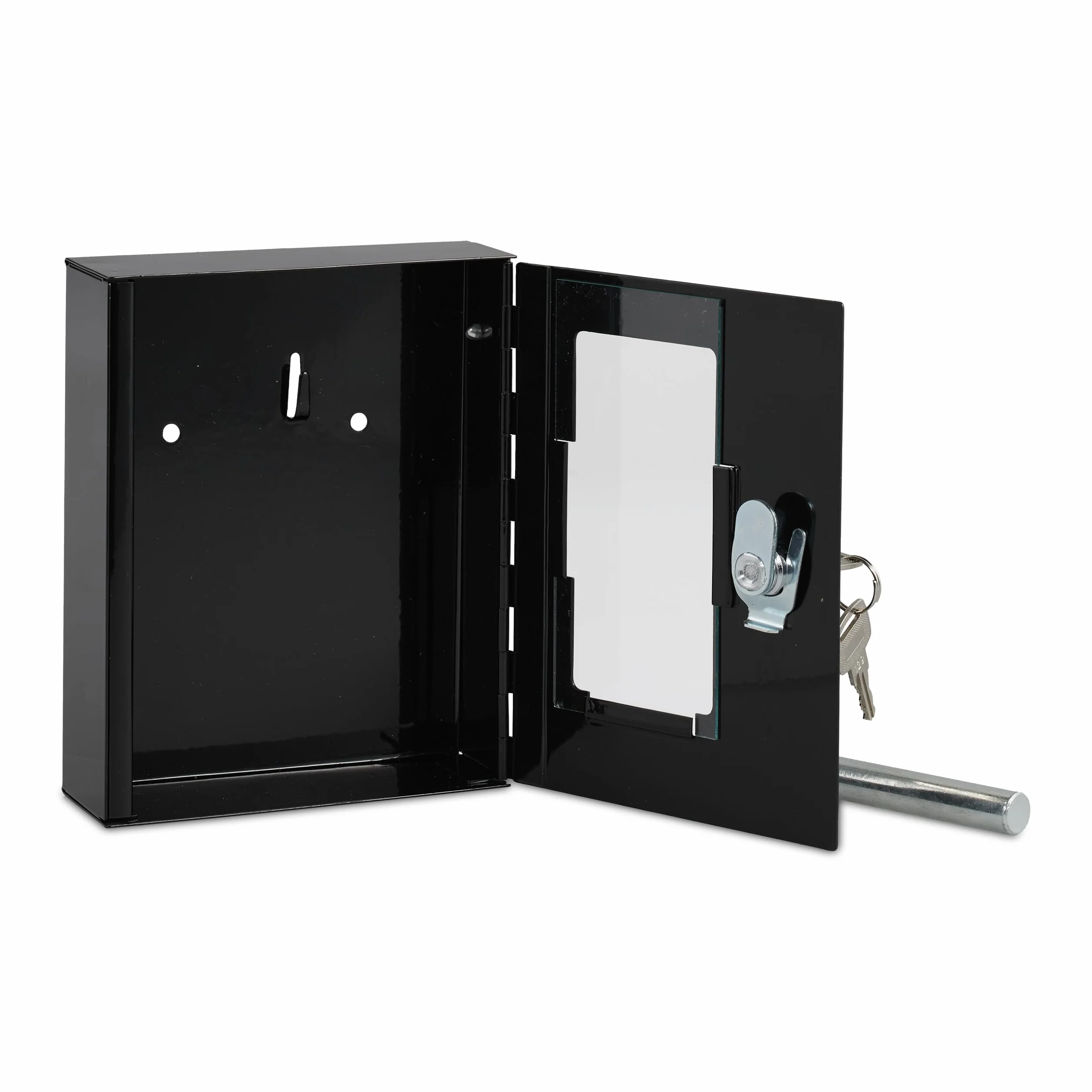Relaxdays Caja para Llave de Emergencia, Cajetín con Ventana de Cristal y Martillo, Cerradura, Portallave Metal, Negro, 15 x 12 x 5 cm