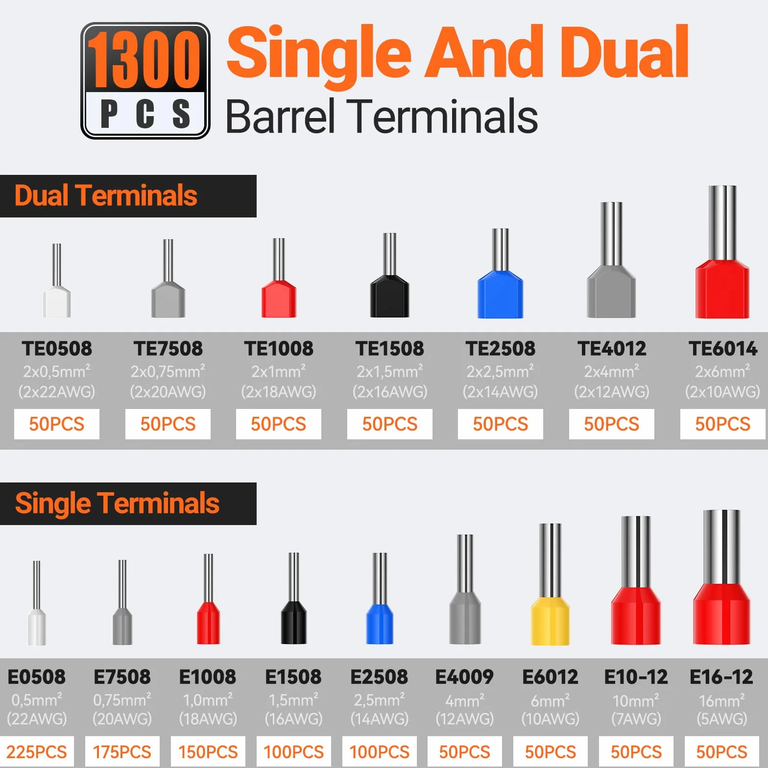 Preciva Crimpadora Terminales Electricos 0,08-16 mm² con Terminal de 1300 con un solo cable y dos cables, Juego de alicates de corte, ajustables, para la industria, Alicates de corte bricolaje