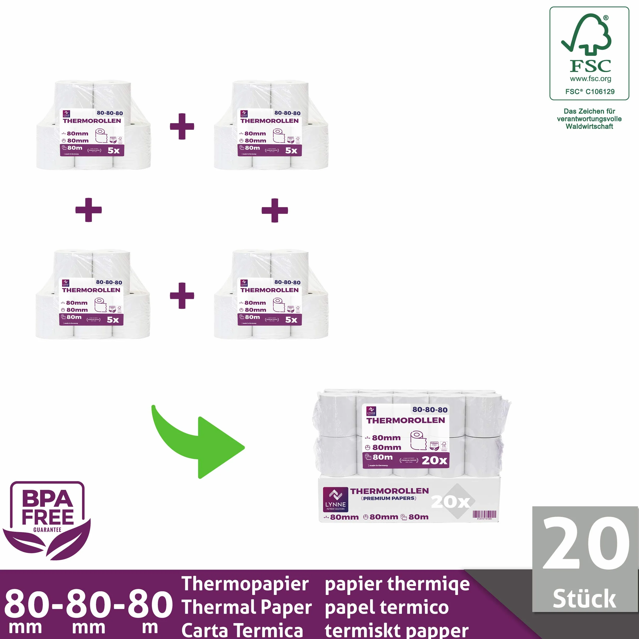 LYNNE - Rollos Papel Termico 80x80 para Impresora de Tickets - Para caja registradora con impresora de recibos - Papel impresora Termica 80x80x12 - Rollo Papel térmico 80mm x 80mm x 80m - [20x]