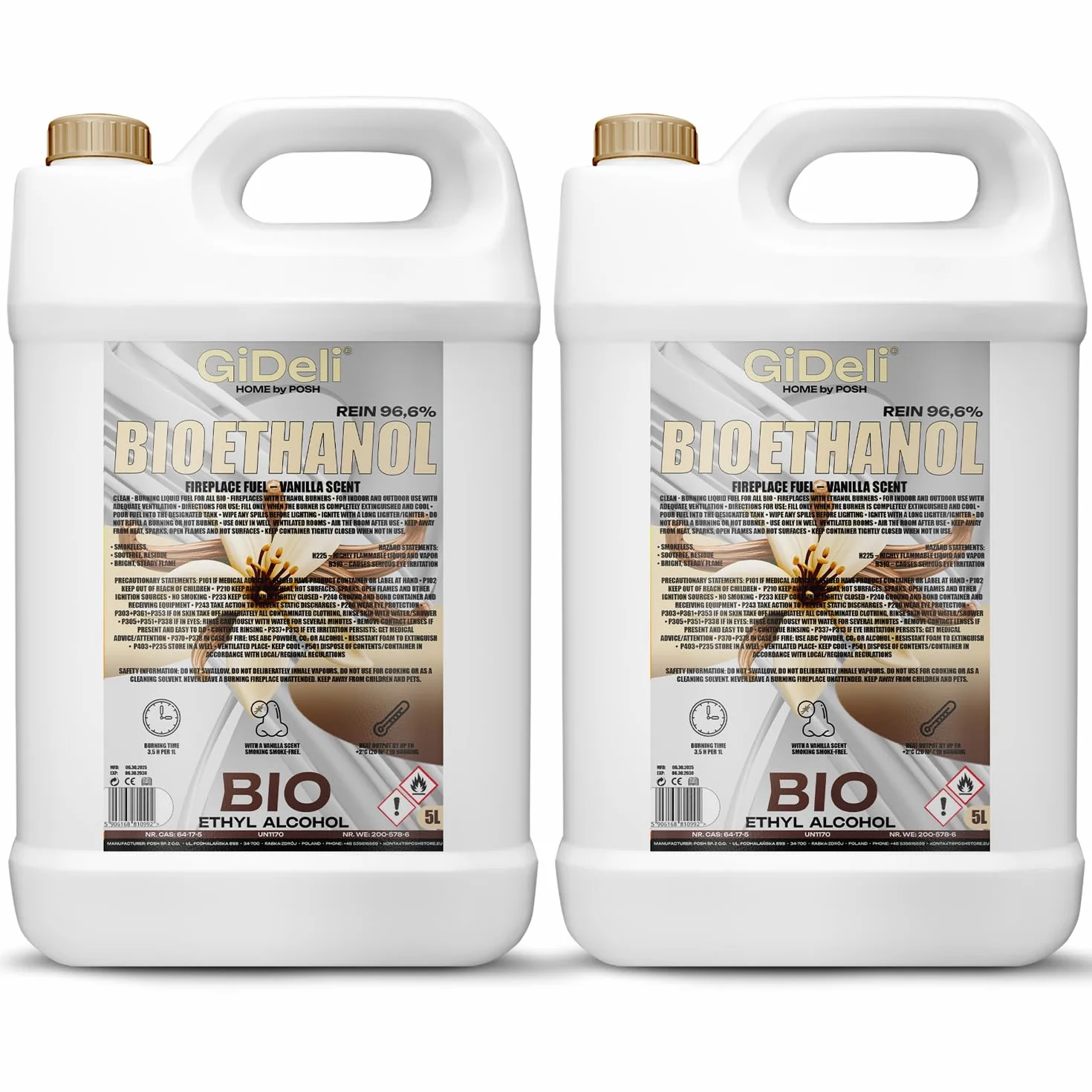 GiDeli Bioetanol 2 x 5 l de aroma a vainilla 96,6% etanol para chimeneas interiores y exteriores, sin humo ni hollín, de maíz y remolacha azucarera