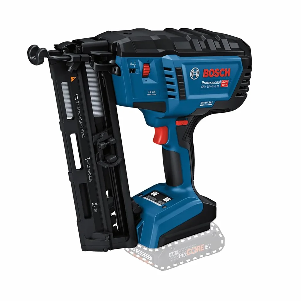 Bosch Professional 18V System clavadora madera batería GNH 18V-64-2 M (modo disparo impacto simple, apto para clavos: 32-64 mm, 1,8 mm y ángulo clavado de 20°, sin baterías ni cargador)