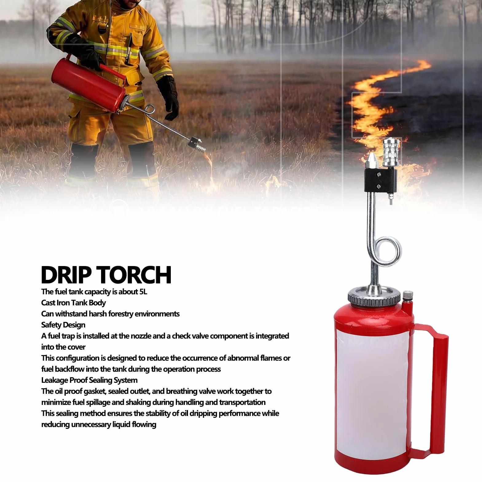 banapoy Antorcha de Goteo Forestal 5L, Antorcha de Goteo de Doble Fondo de Hierro Fundido Resistente para Quemar, Trampa Válvula de Retención, para Incendios Forestales