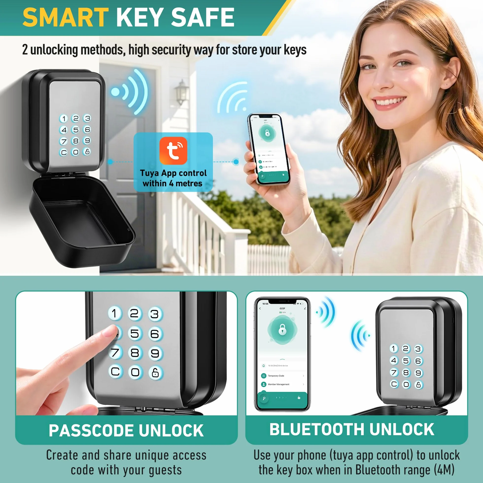 Smart Caja de Seguridad para Llaves Grande con Código Retroiluminada Bluetooth y Pin, Compatible con Tuya, Gris