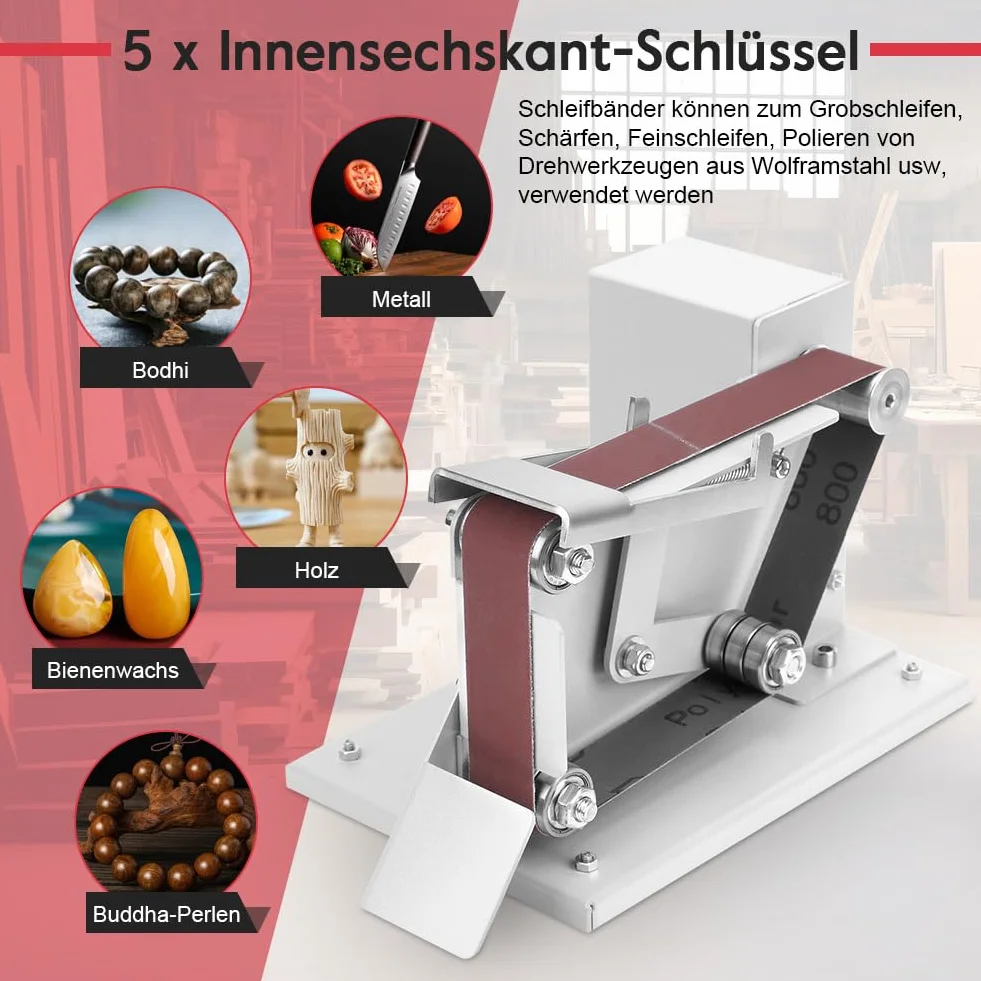 Amoladora de Banda Eléctrica Mini Amoladora Plana con Rodamiento Doble Incorporado y 10 Cinturones Abrasivos para Metal, Madera, Plástico, Aluminio (Enchufe de la UE)