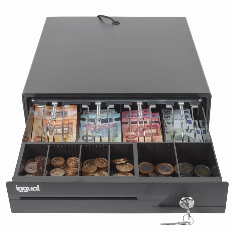 Cajón Portamonedas IRON-10 Caja Efectivo Registradora Manual Automática 4 Billetes 6 Monedas Cerradura 3 Posiciones Acero Plástico Negro 38x33.5x8