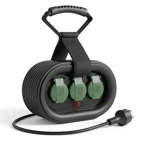 Carrete de cable para exteriores de 15 m, con 3 enchufes a prueba de salpicaduras, IP44, protección contra sobrecarga térmica, asa de transporte ergonómica, certificado TÜV/GS, ideal para jardín
