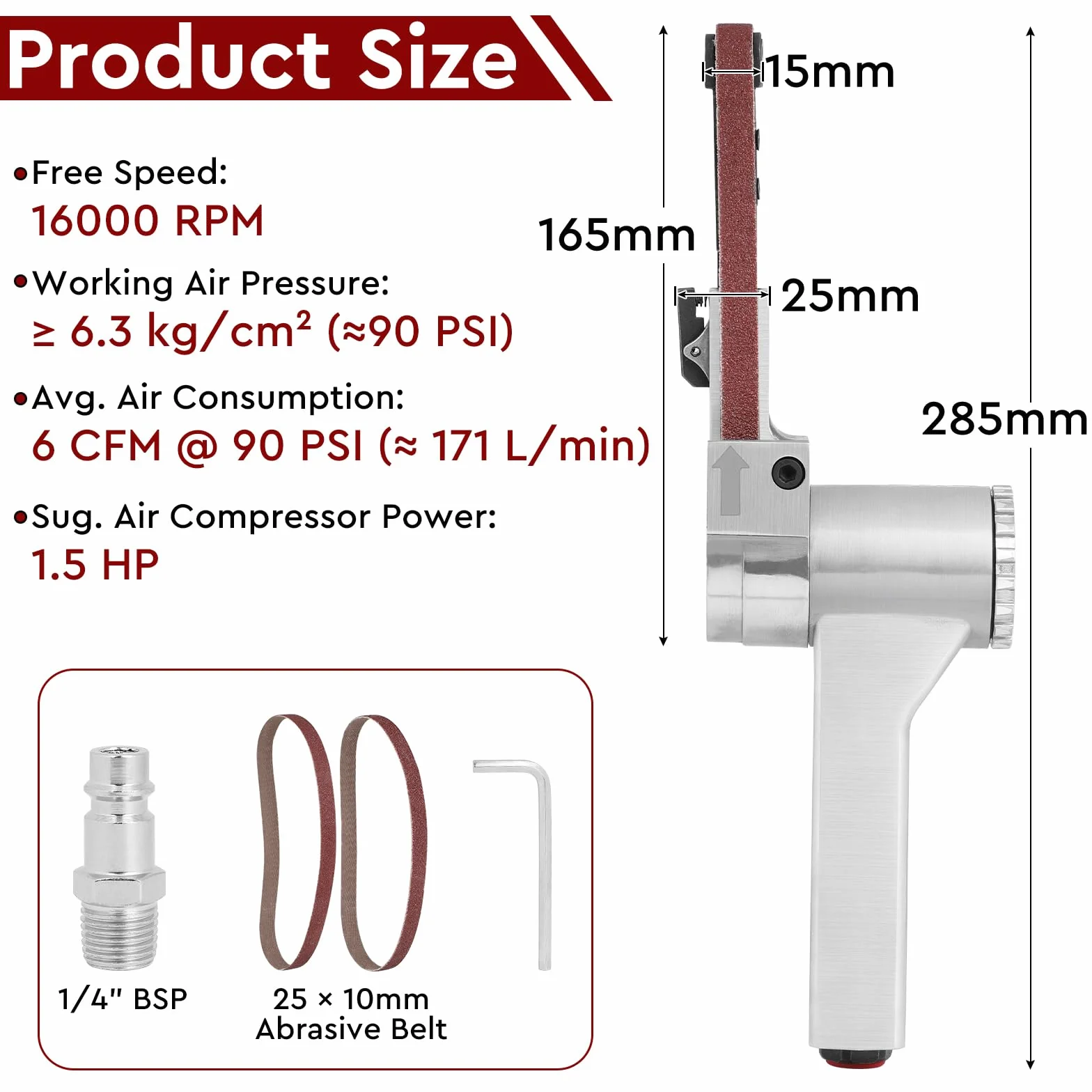 EFUTURETIME Lijadora de Banda Neumática de 16000 RPM, 33cm Lijadora Neumatica Portátil Ángulo Regulable con 25 Bandas de Lijado de 10 mm (G60 x 7, G80 x 6, G100 x 6, G120 x 6)