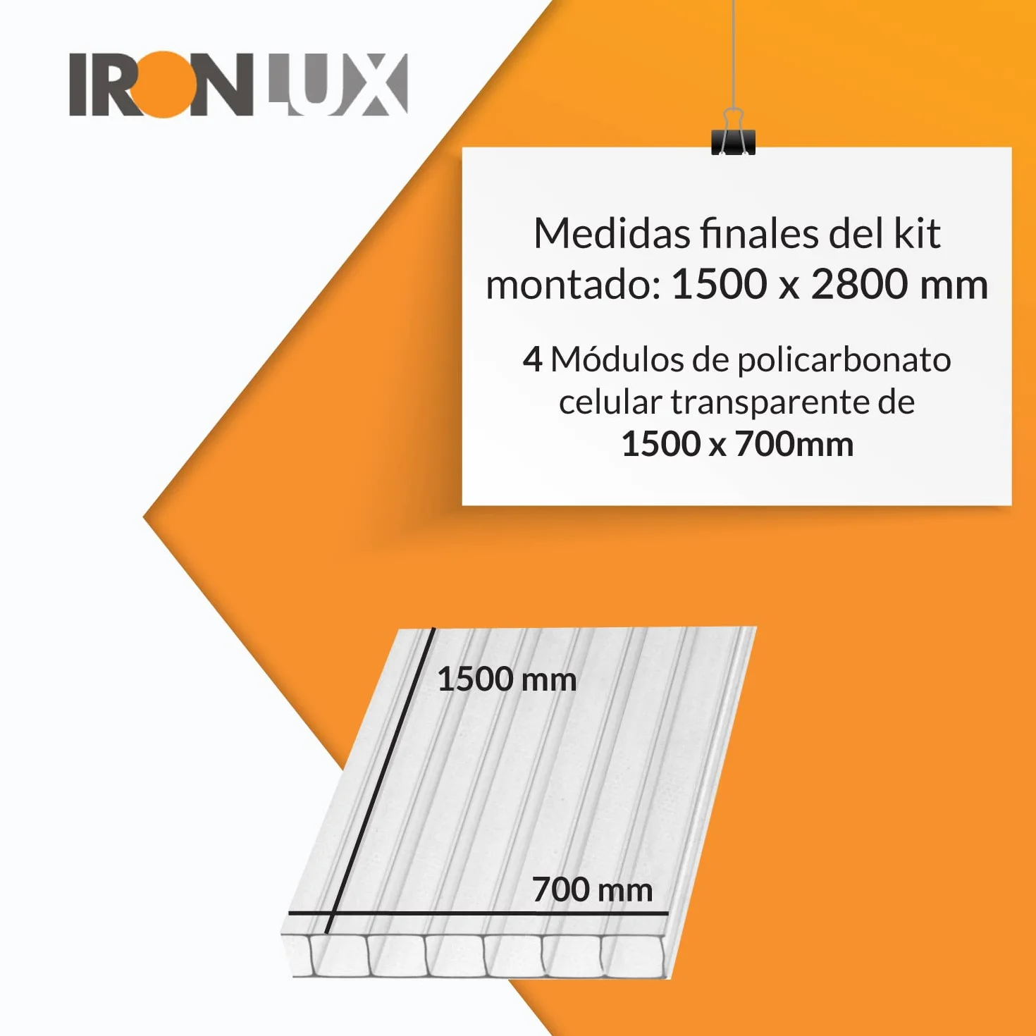 Kit Placas de policarbonato Compacto Transparente 10mm - Medida Final 1500 x 2800 mm- Incluye Accesorios de instalación