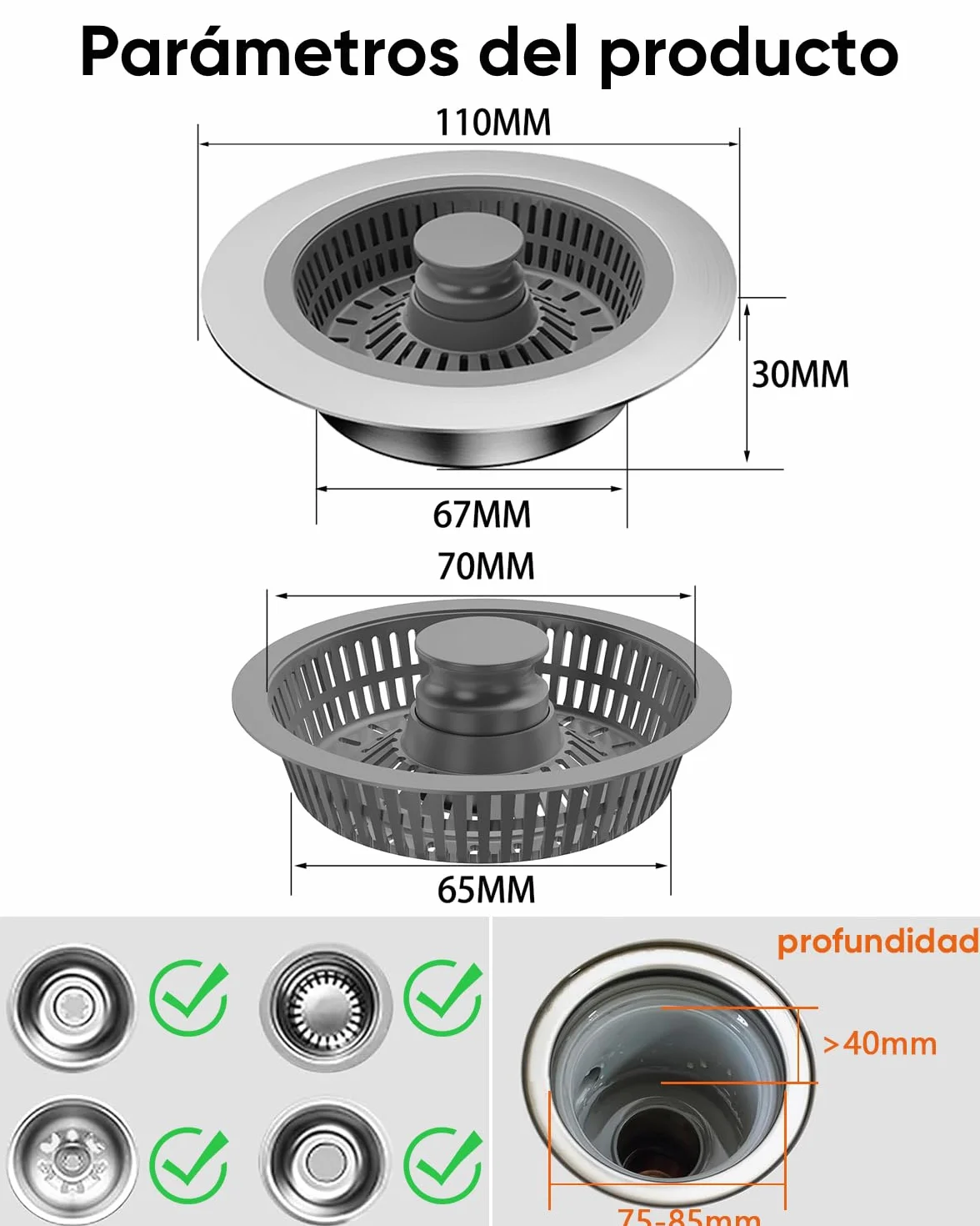 Tapon Fregadero Cocina y colador Fregadero combinación, 3 en 1 de Acero Inoxidable Accesorios Cocina para desagües, Protectores Ideales para Tapones Fregadero Cocina