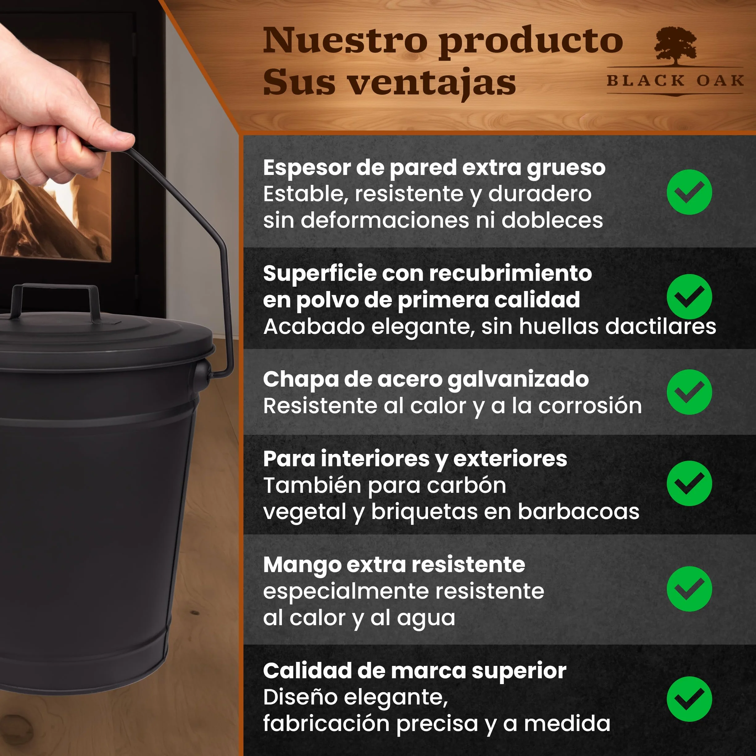 BLACK OAK Cubo de ceniza ETNA 14L – negro con tapa – grande 14 litros – Acero galvanizado y recubierto de polvo para cenizas y carbón, accesorio ideal para chimenea, estufa de azulejos, estufa de leña