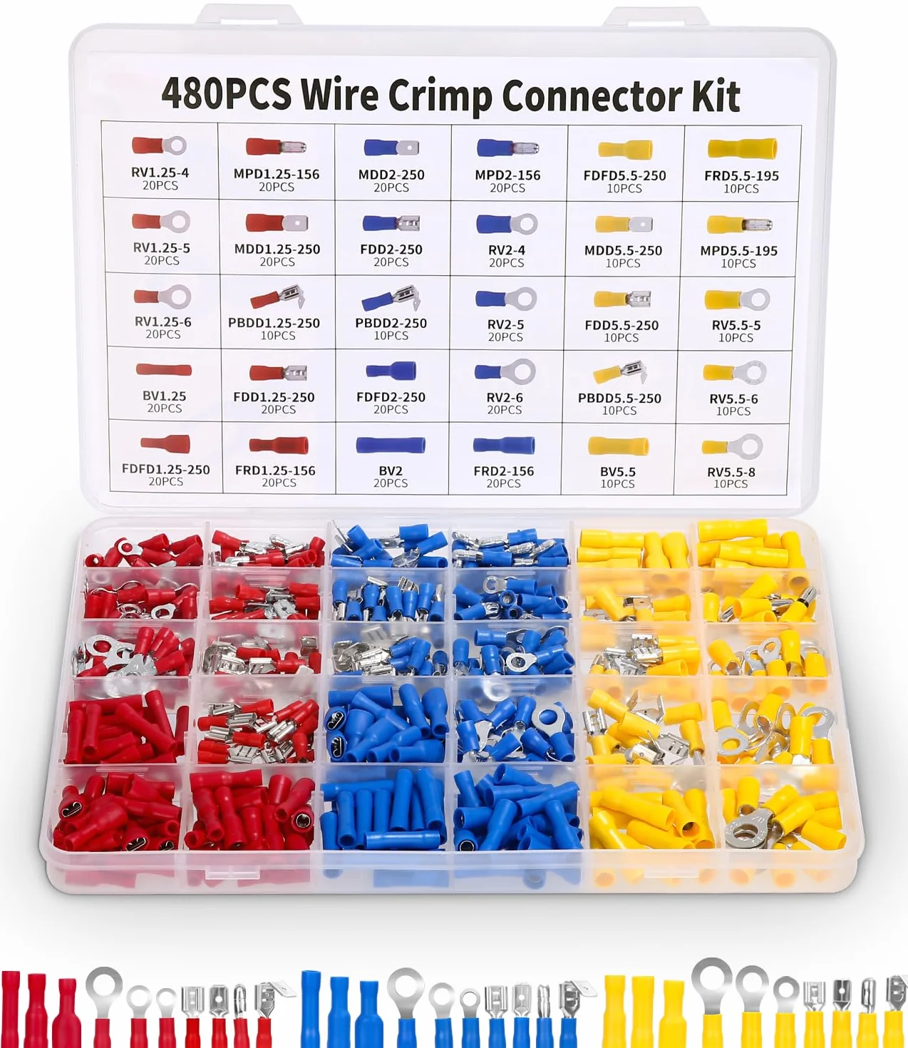 480 Piezas Terminales Eléctricos,30 Tipos terminales eléctricos con aislados,Conectores Macho/Hembra Aislados Crimp Terminal Pala y Horquilla,con Caja de Surtido, para Industria electricistas Sistema