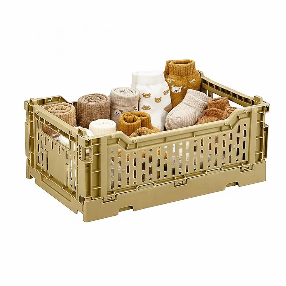 Lote de 4 cajas de almacenamiento plegables 27x17x10,5 cm Plástico amarillo con asas