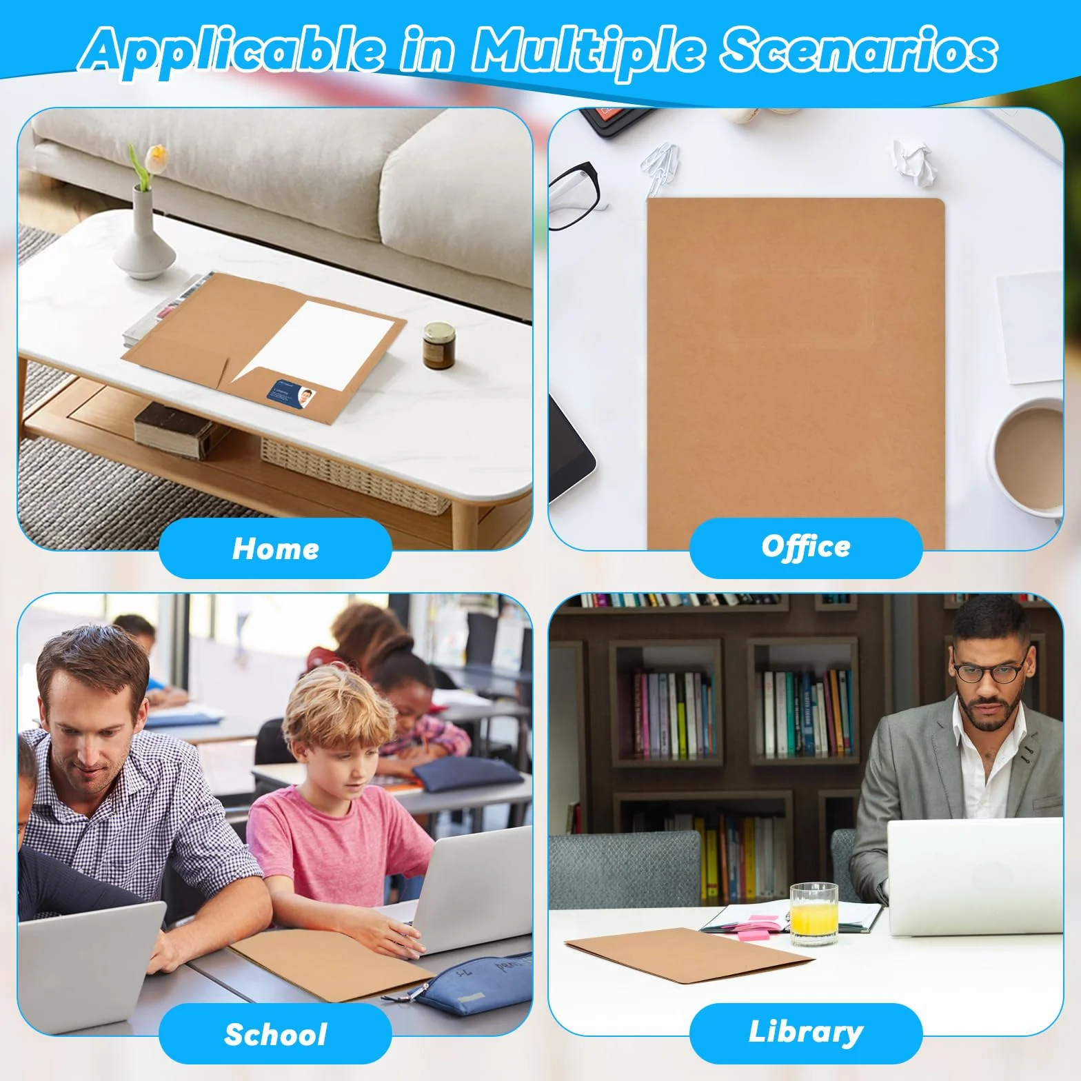 Carpetas de Papel Kraft A4 350gsm con Ranuras para Tarjetas, Carpeta de Presentación de Cartón para Documentos, Subcarpetas Simples para Escuela Oficina (Marrón)