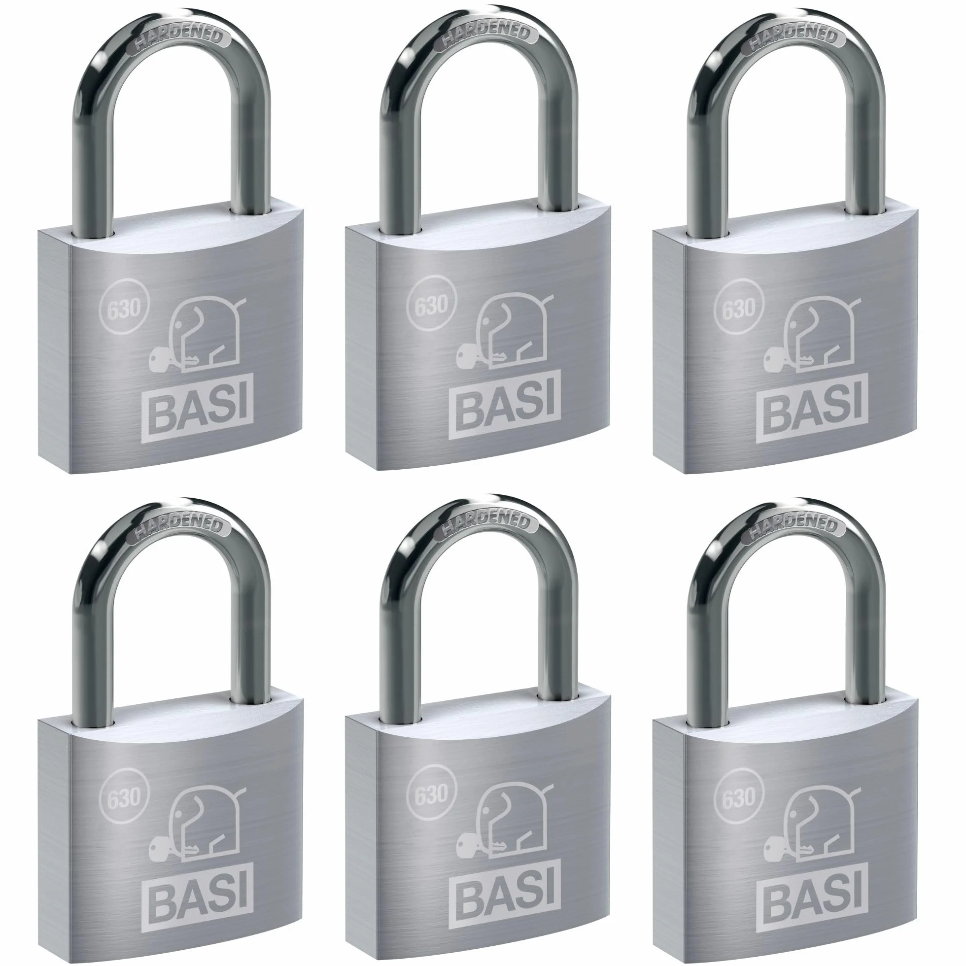 BASI Juego de 6 candados | 50 mm | cierre uniforme | carcasa de aluminio macizo | grillete de acero endurecido | candado seguro | grosor de 7 mm | 6 unidades