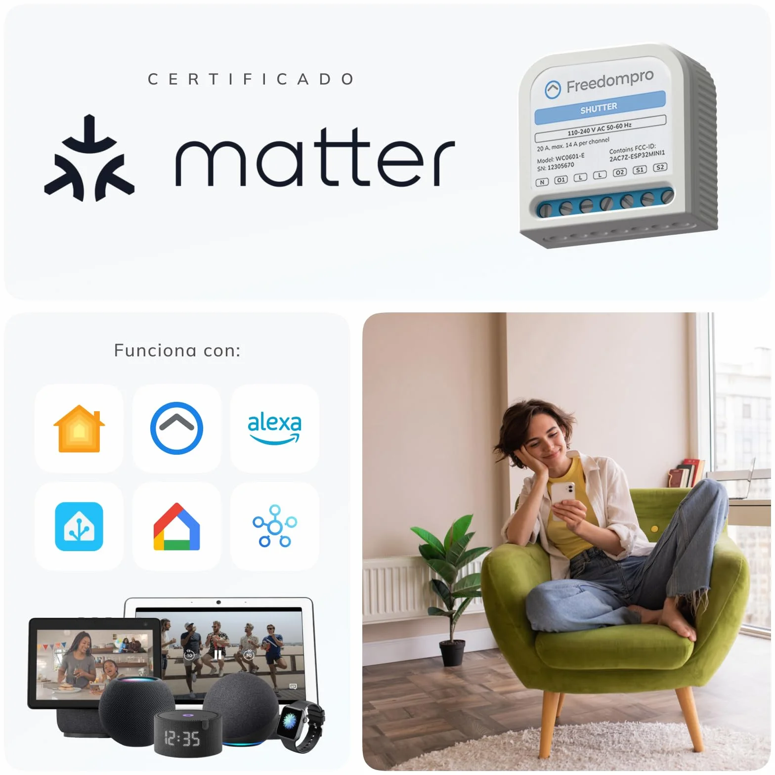 Interruptor inteligente WiFi Freedompro para 1 persiana enrollable, módulo de relé MINI compatible con Matter, Apple HomeKit, Alexa y Google Home, 110-240 V y 14 A, Caja Empotrada