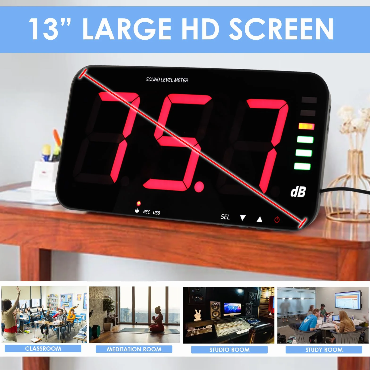 Medidor de Nivel de Sonido Digital 30-130 dB, Medidor de Decibelios con Pantalla HD de 13 Pulgadas Montado en la Pared