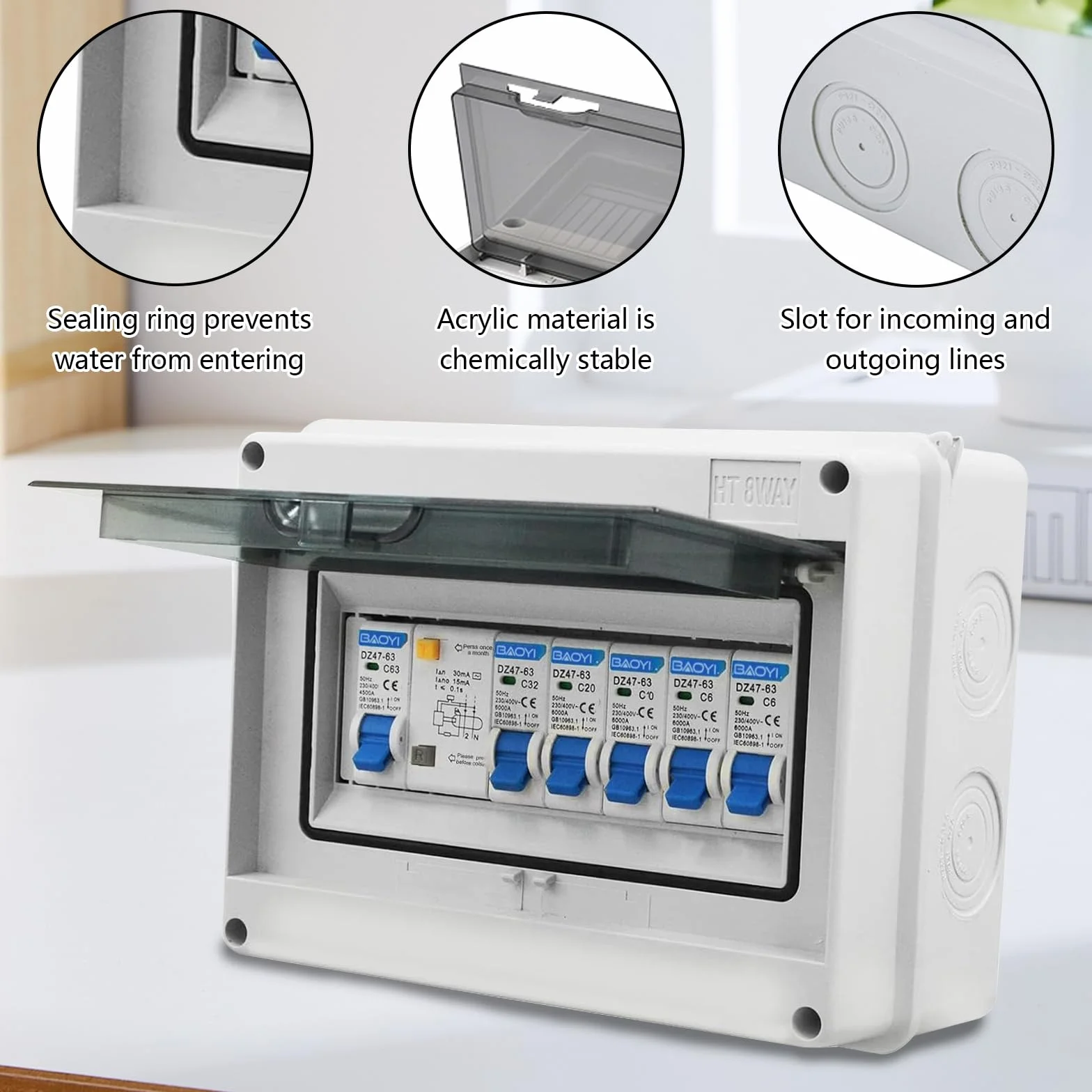 Caja de Distribución, Caja Eléctrica Impermeable IP65, Caja de Fusibles de Superficie Disyuntor de 63 A, Caja de Distribución Impermeable, Interruptor de Aire 2x6A+1x10A+1x20A+1x32A