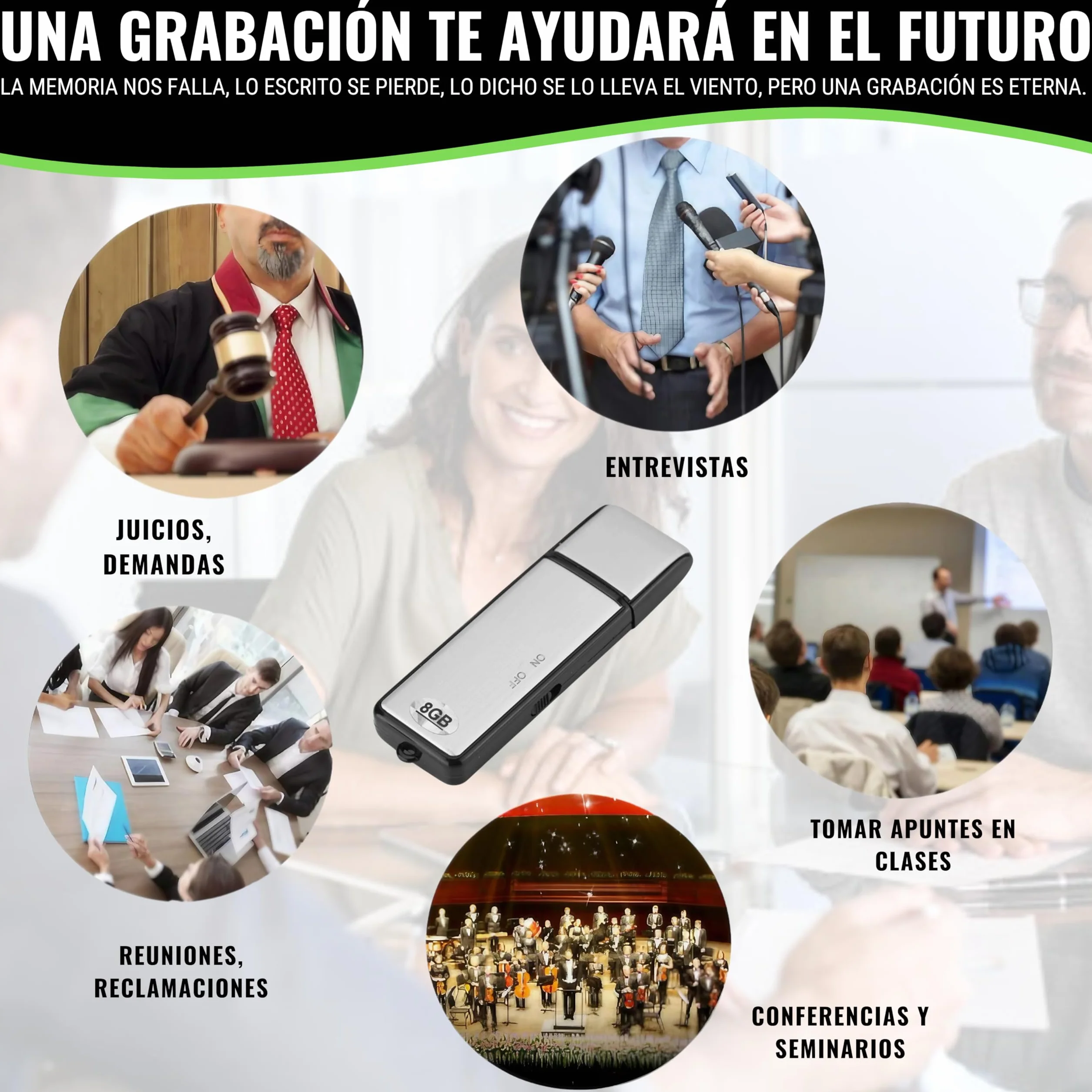Grabadora de Voz Digital USB 8 GB Mini Espía para Reuniones Entrevistas Conferencias