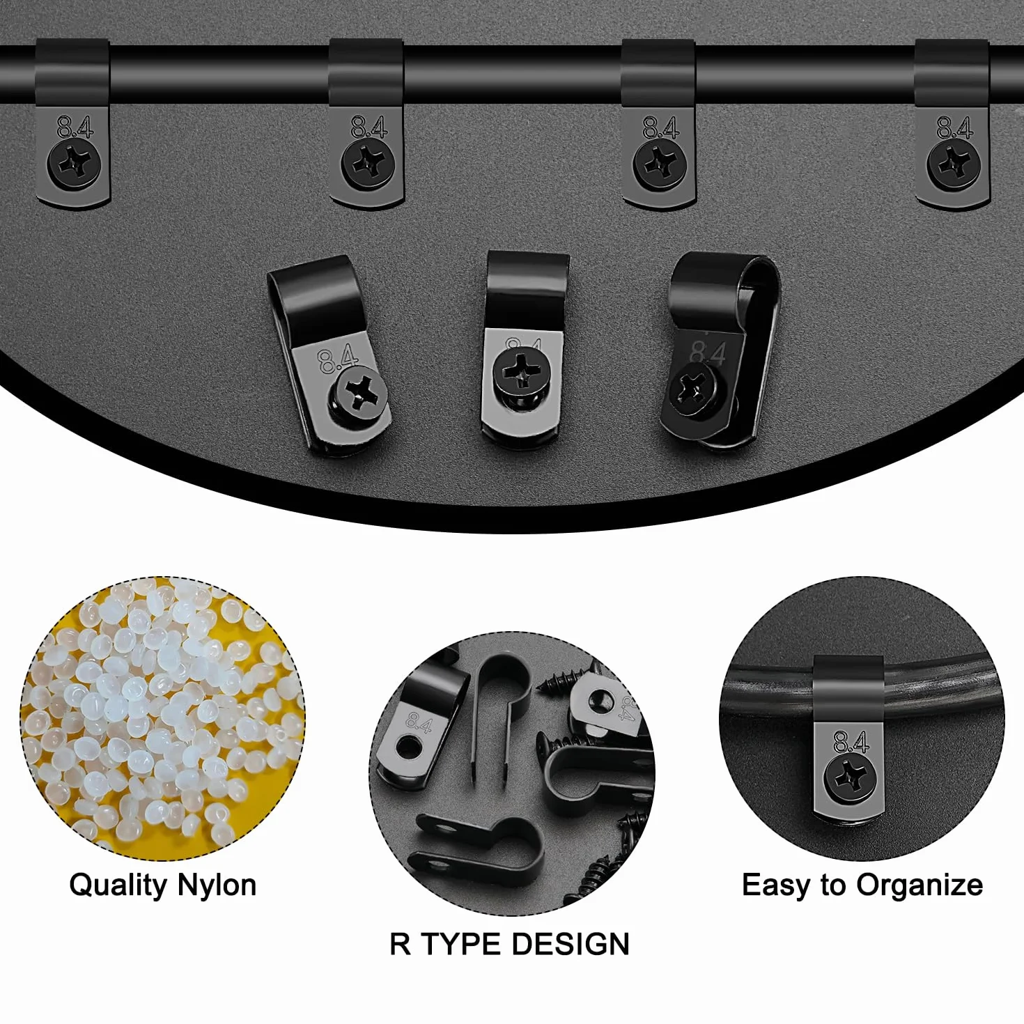 VooGenzek 100 Piezas 8.4mm (5/16 Pulgada) Clips de Cable de Nailon Tipo R, Abrazaderas de Cable Tipo R con 100 Piezas de Tornillos, para Gestión de Cables (Negro)