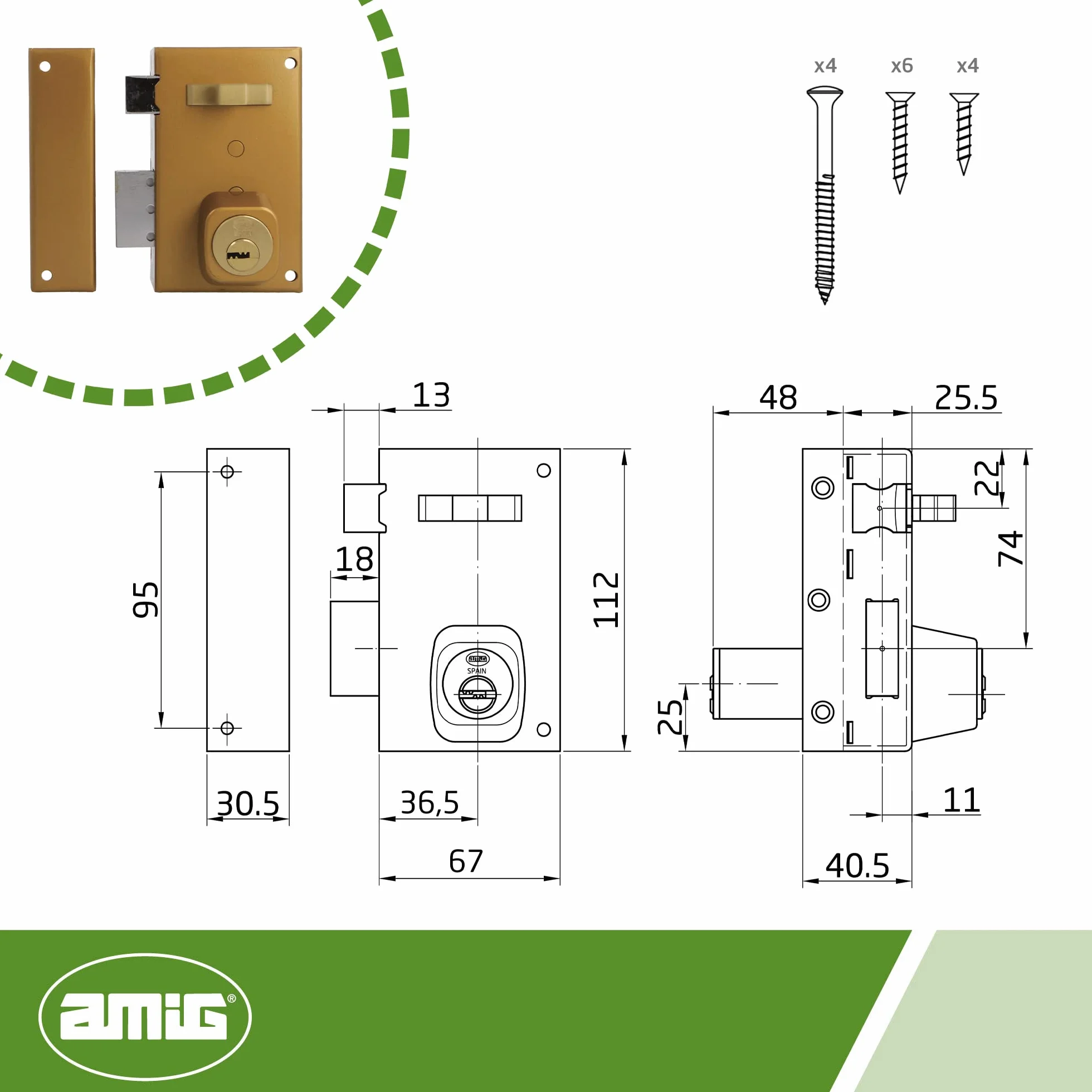 Amig - Cerradura de Sobreponer de Izquierda con Palanca de Cierre, Lengüeta y Tirador para Puertas de Madera Mod. 75, 67 x 112 mm, Cilindro Redondo de Seguridad, Acero Dorado