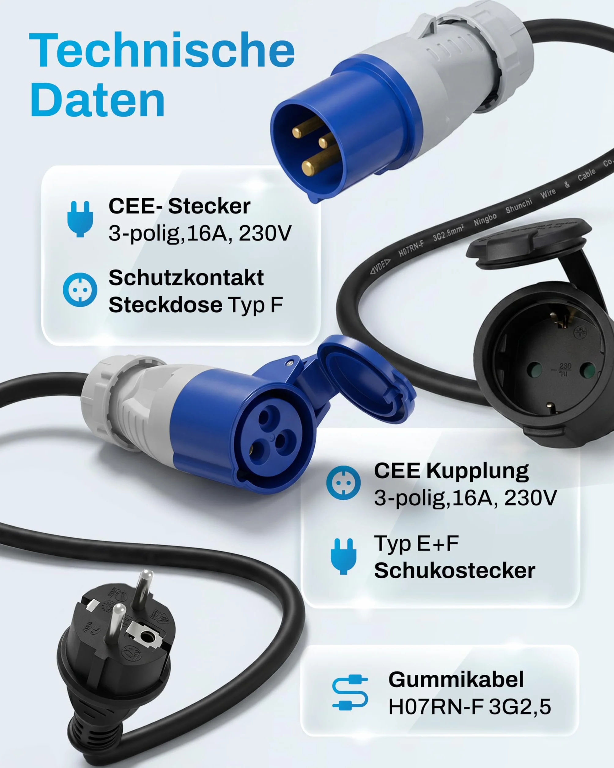 2x Adaptadores CEE – Enchufe CEE a toma Schuko y enchufe Schuko a toma CEE 230V 16A – Ideal para camping, autocaravanas y caravanas