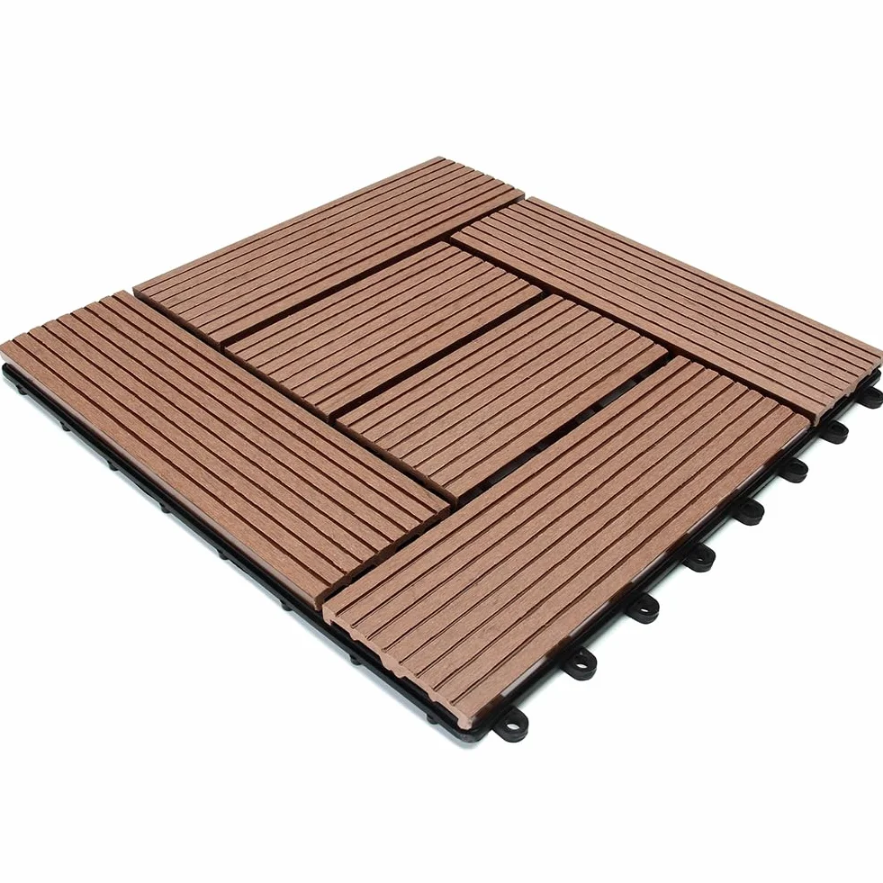 BAKAJI Juego de 11 piezas de azulejos WPC para jardín exterior, patio, balcón, suelo con drenaje de agua, azulejos de montaje empotrado, resistente a los agentes atmosféricos, diseño incrustado