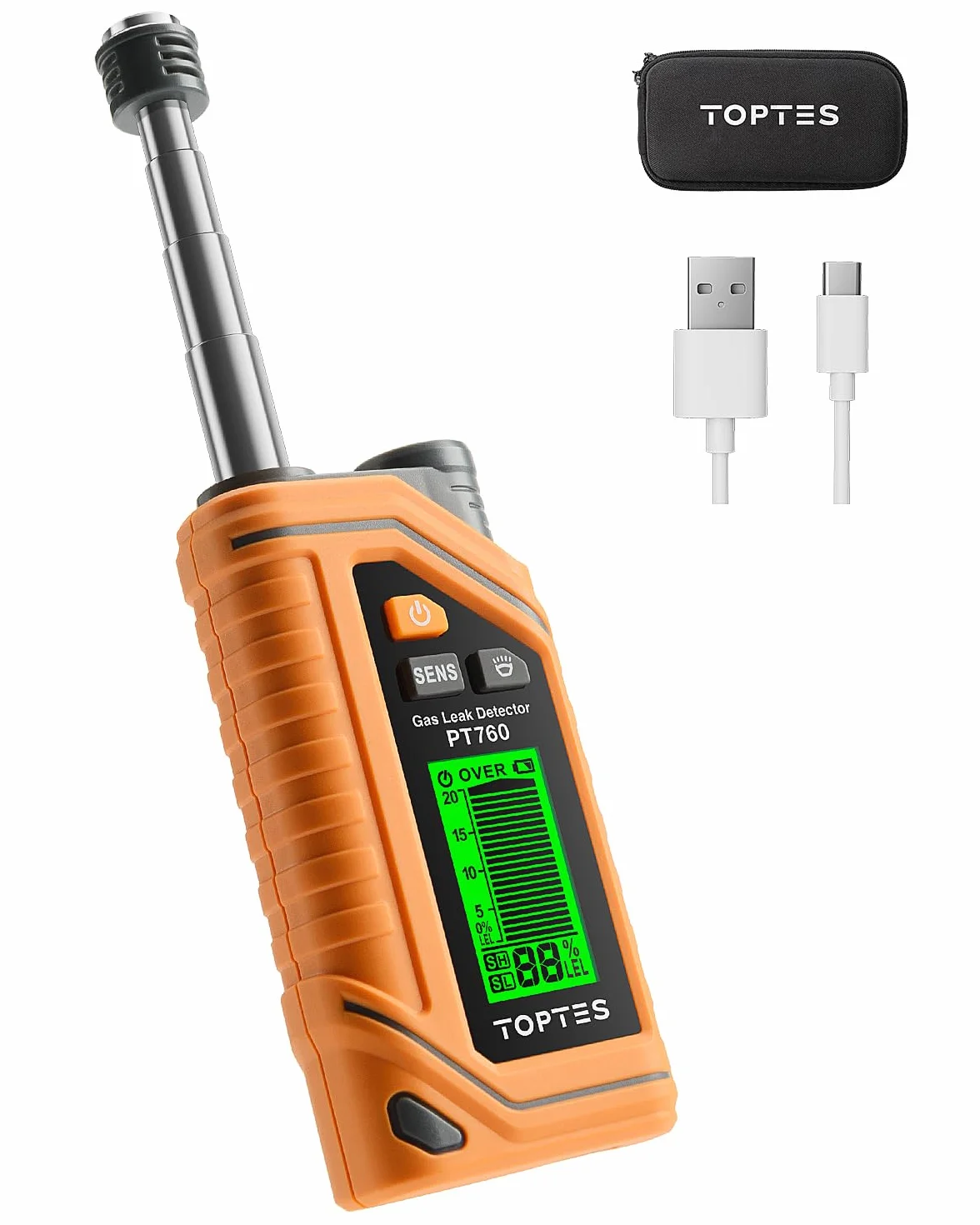 TopTes PT760 Detector de Gas Natural Recargable, Detector de Fugas con Sonda Extensible de 30cm, Sensor%LEL para Propano, Metano, Butano y Gases Combustibles en el Hogar o RV con Linterna - Naranja