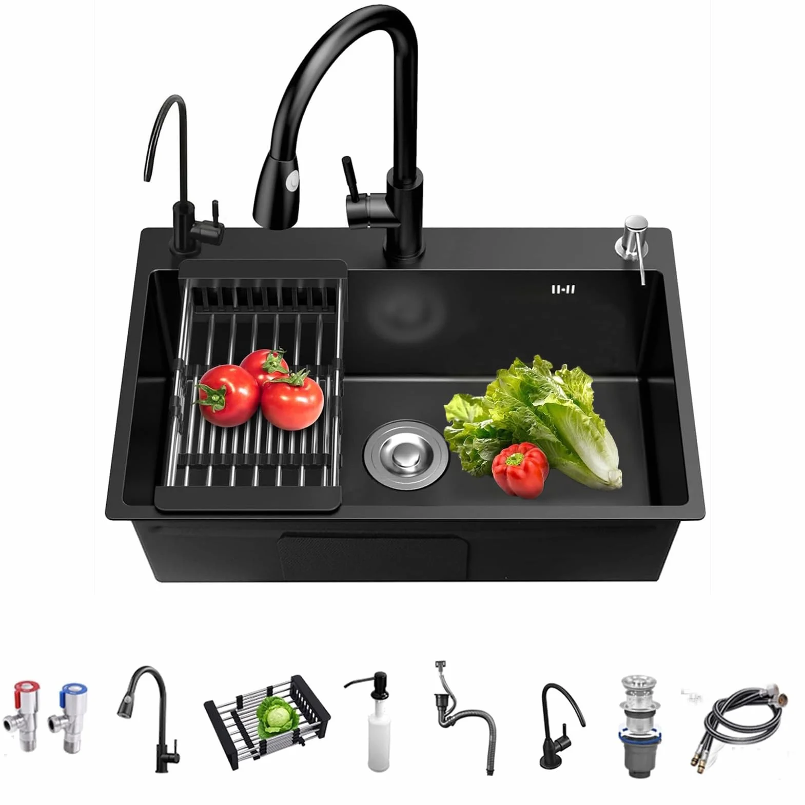 Fregadero Cocina Negro 50 x 45cm, Fregadero Cocina en Acero Inoxidable, Fregadero Bajo o Sobre Encimera Con grifo extraíble/dispensador de jabón/escurreplatos/grifo de agua purificada (Negro, 50x45cm)