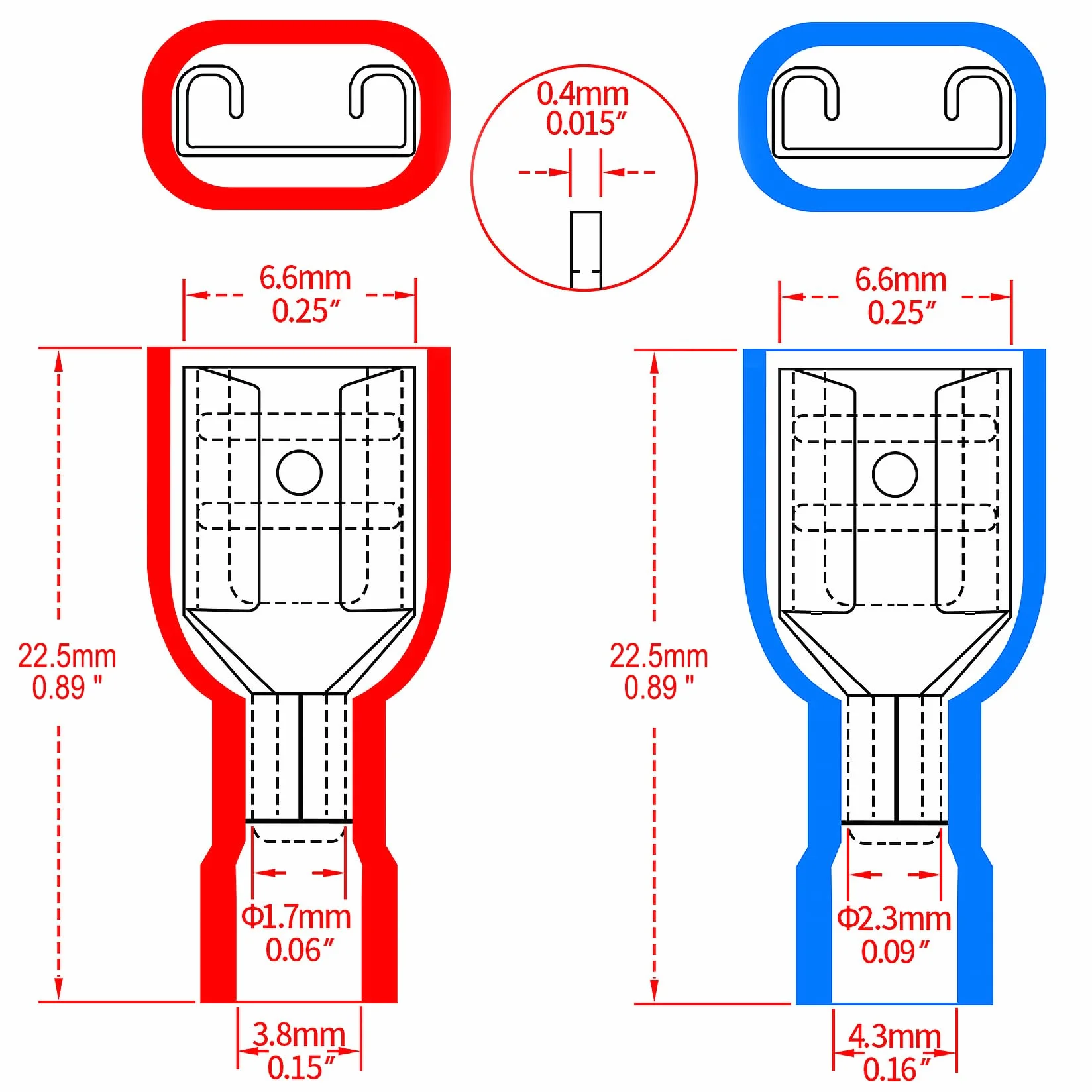 Heschen Terminales rápidos hembra de vinilo totalmente aislados 6.3x0.8mm, rojo para 0.5-1.5mm² (22-16 AWG), azul para 1.5-2.5mm² (16-14 AWG), 100Pack