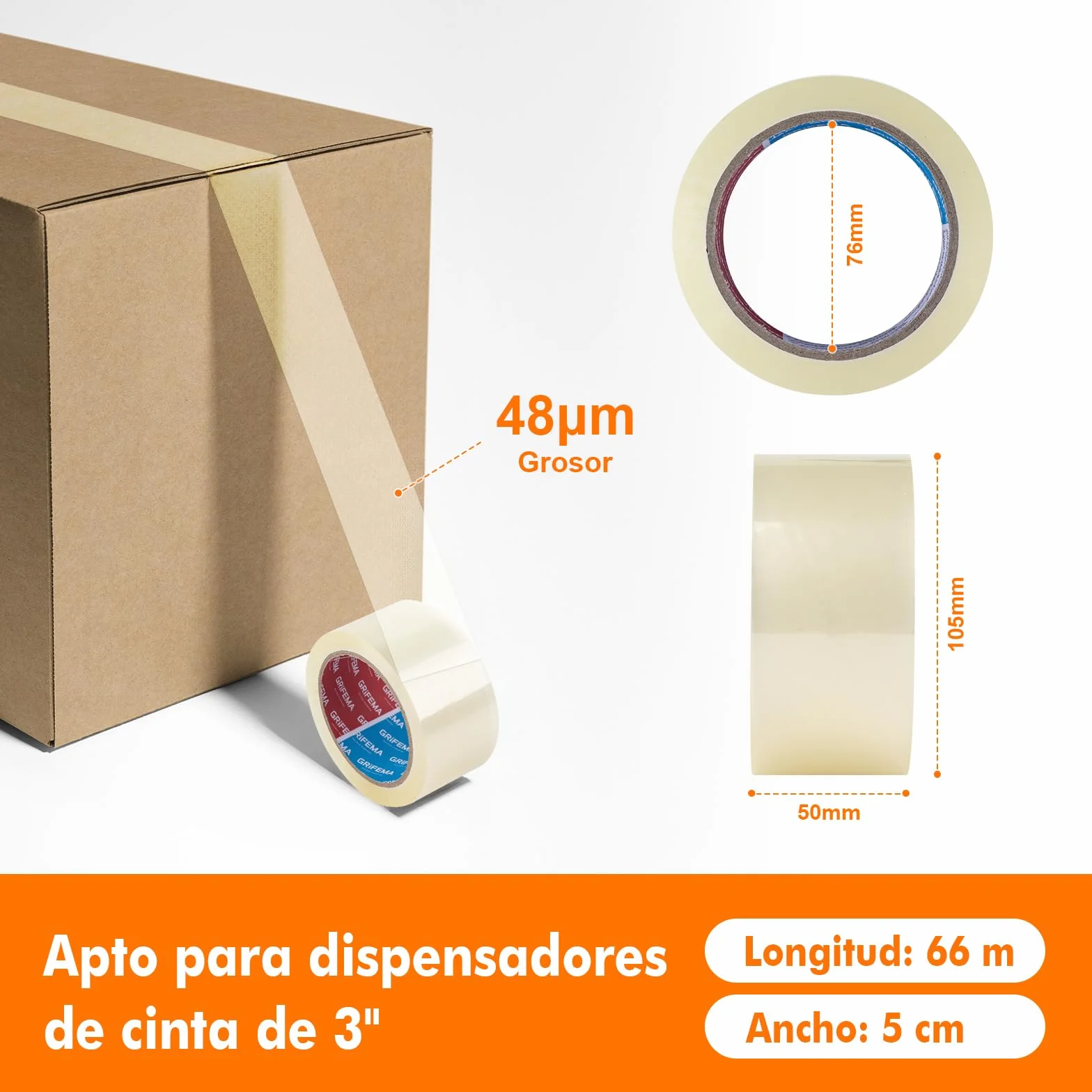 GRIFEMA GA4003-2 Cinta de Embalaje Silenciosa 66 m x 50 mm 2 Rollos Transparente